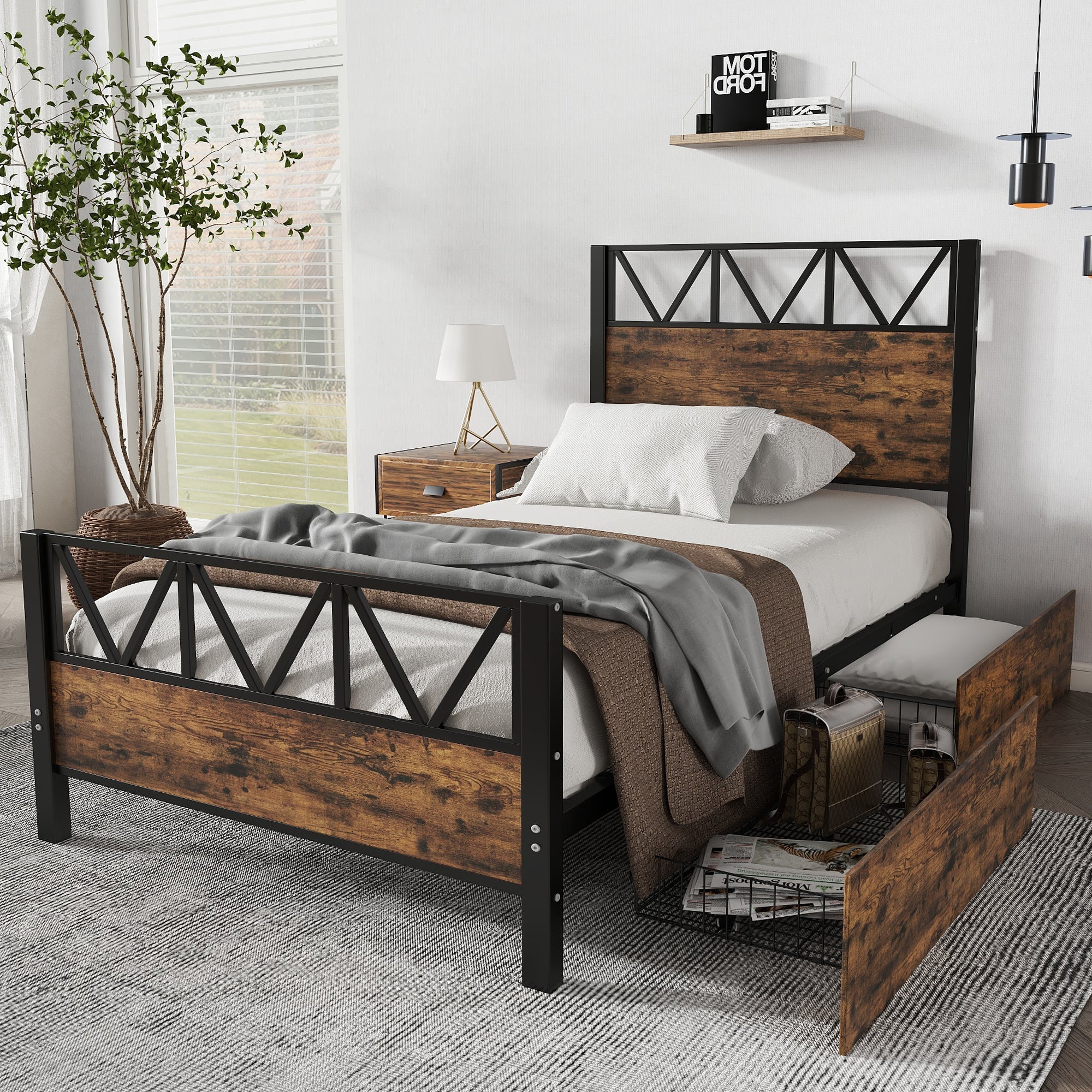 Metal Bed, 3FT Single with 2 Drawers, Black+Wood Color