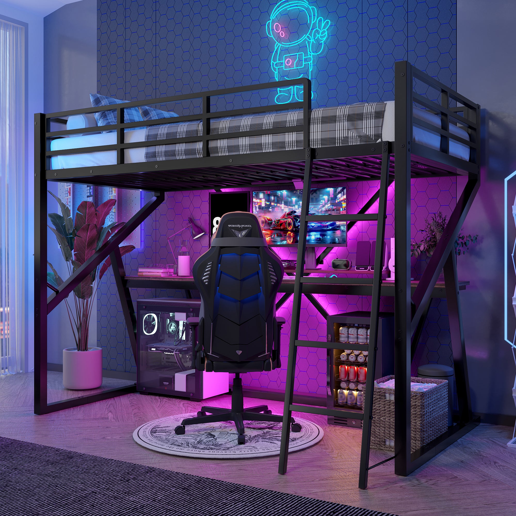 Loft Bed 90x200cm LED Strip Desk Iron Frame Black