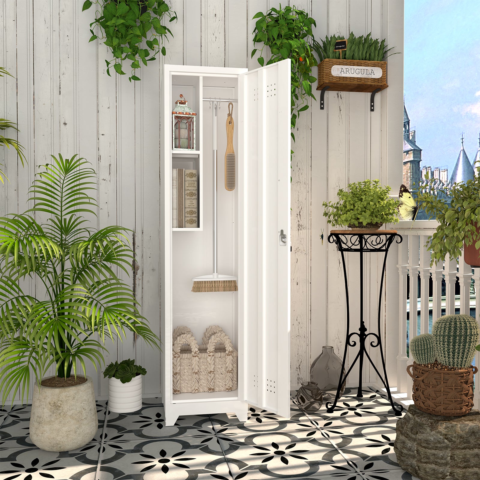 Slim Broom Storage Cabinet with Shelves, Hanging Rod and Locking Door, Metal