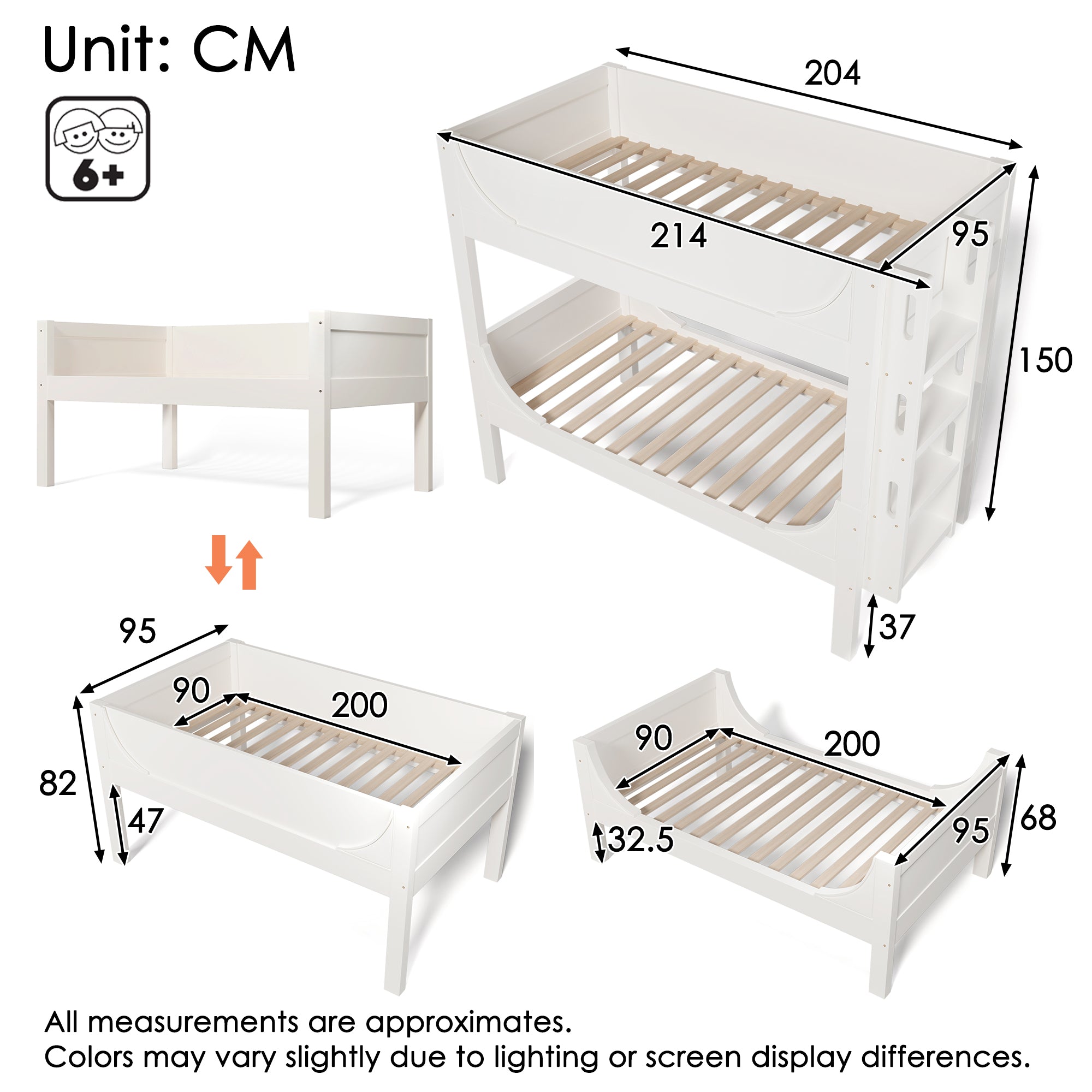 Separable Bunk Bed 90x200cm, Converts to 2 Single Beds, Sled Design, White