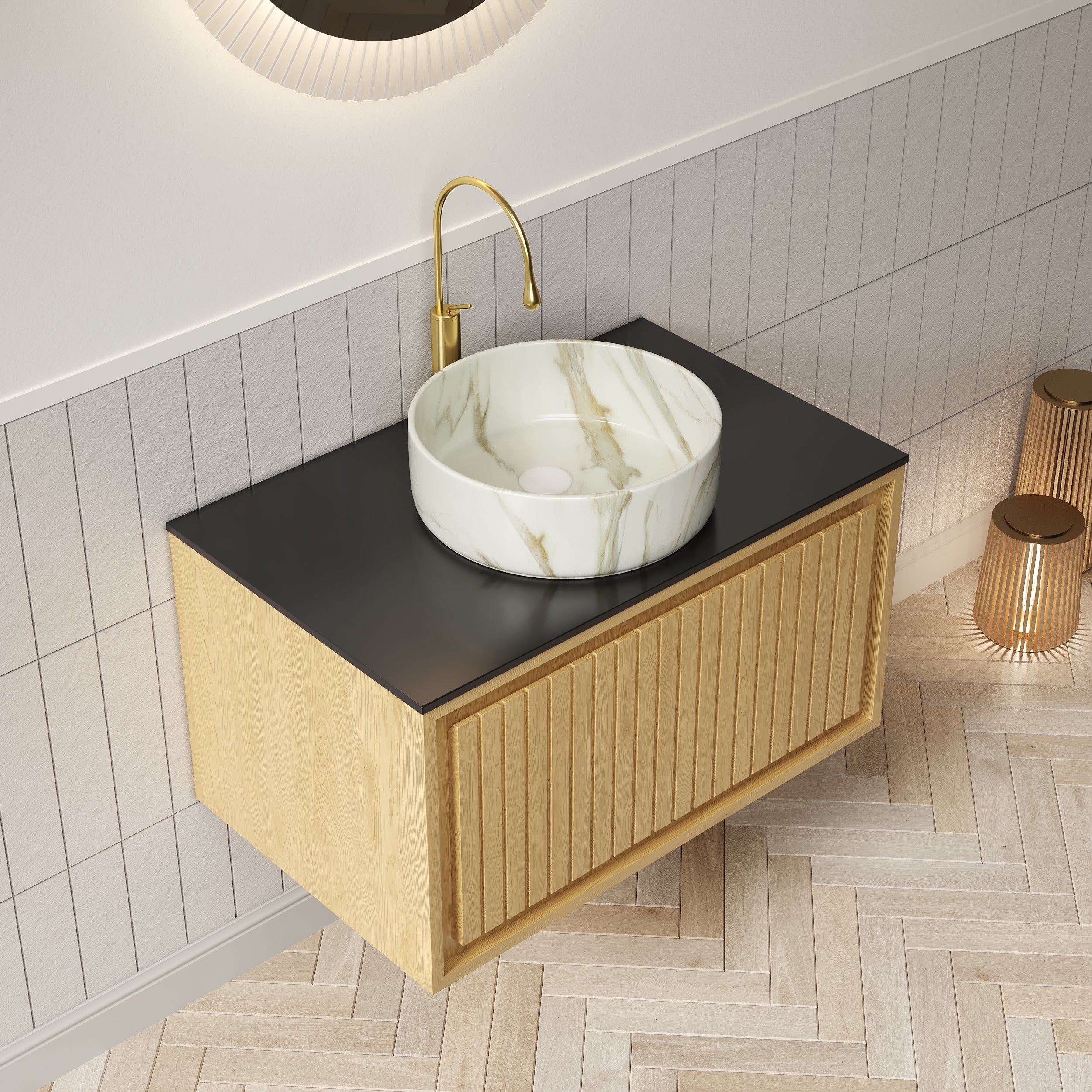 Wall-Hung Bathroom Sink with Sintered Stone Countertop and Ceramic Basin, Corolla Oak Wood Grain
