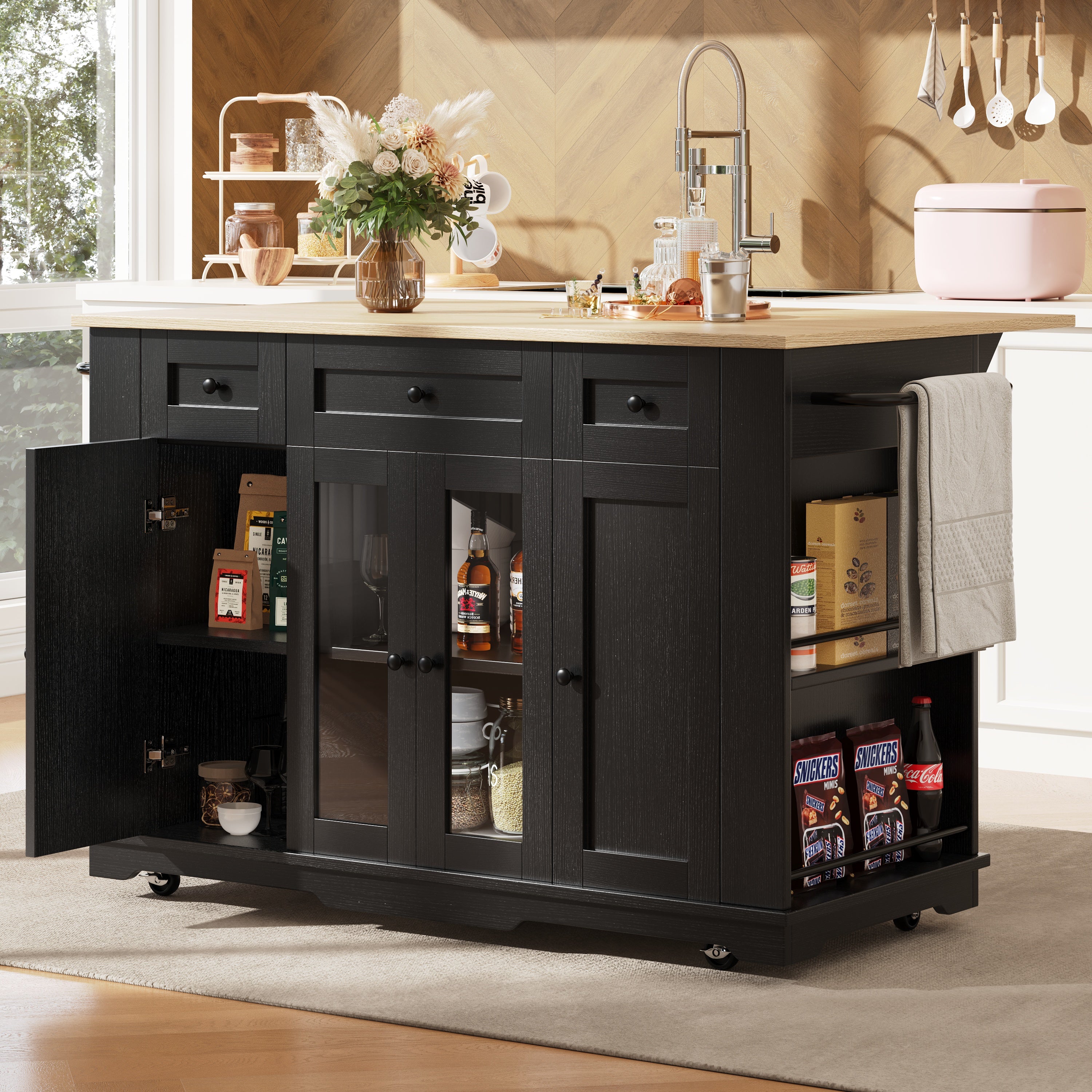 Kitchen Island, Removable Dividers, Dining Cart with Tempered Glass, Black