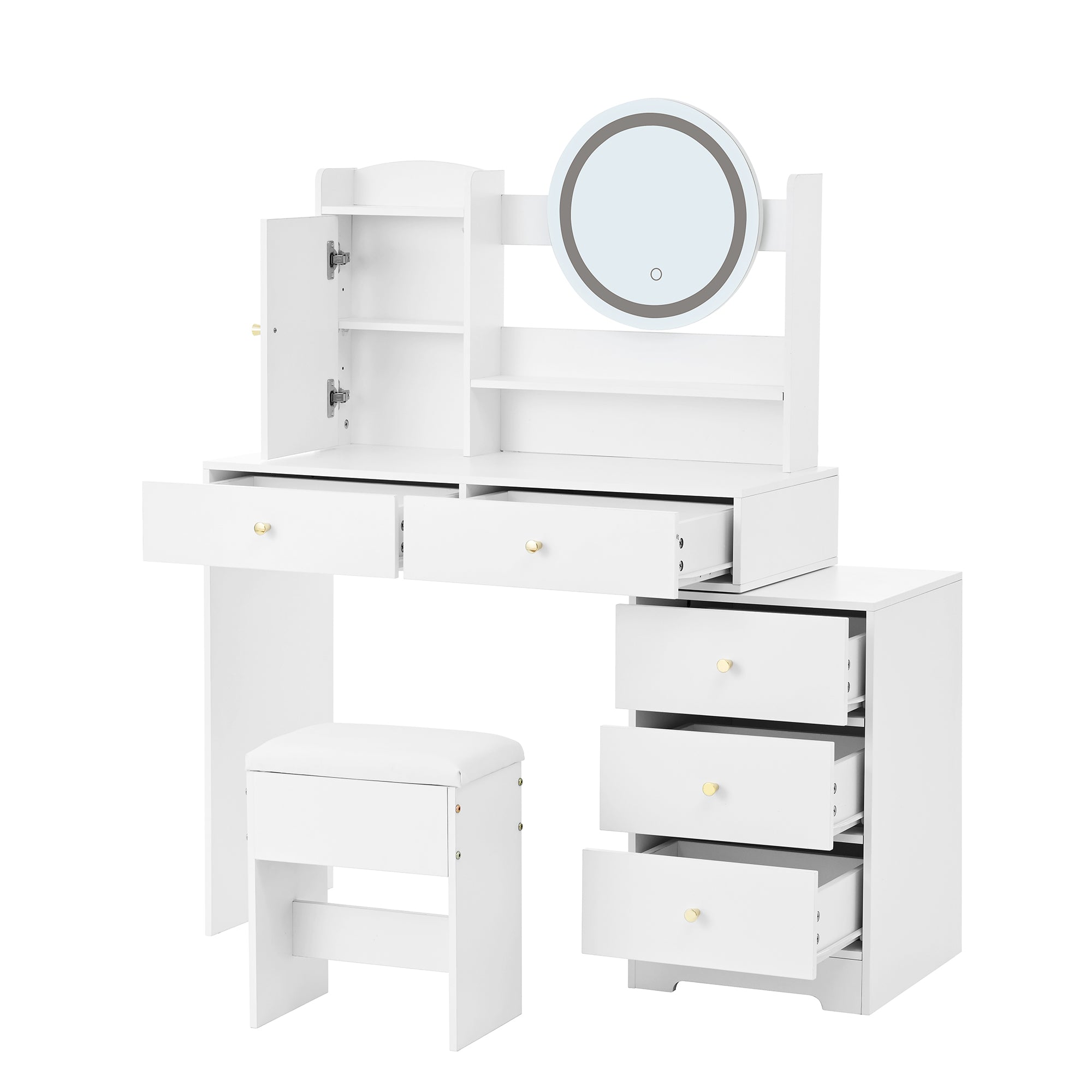 Dressing Table with Dimmable LED Lighting, Integrated Outlets, Mirror, Stool, 5 Drawers, Door Compartment, White