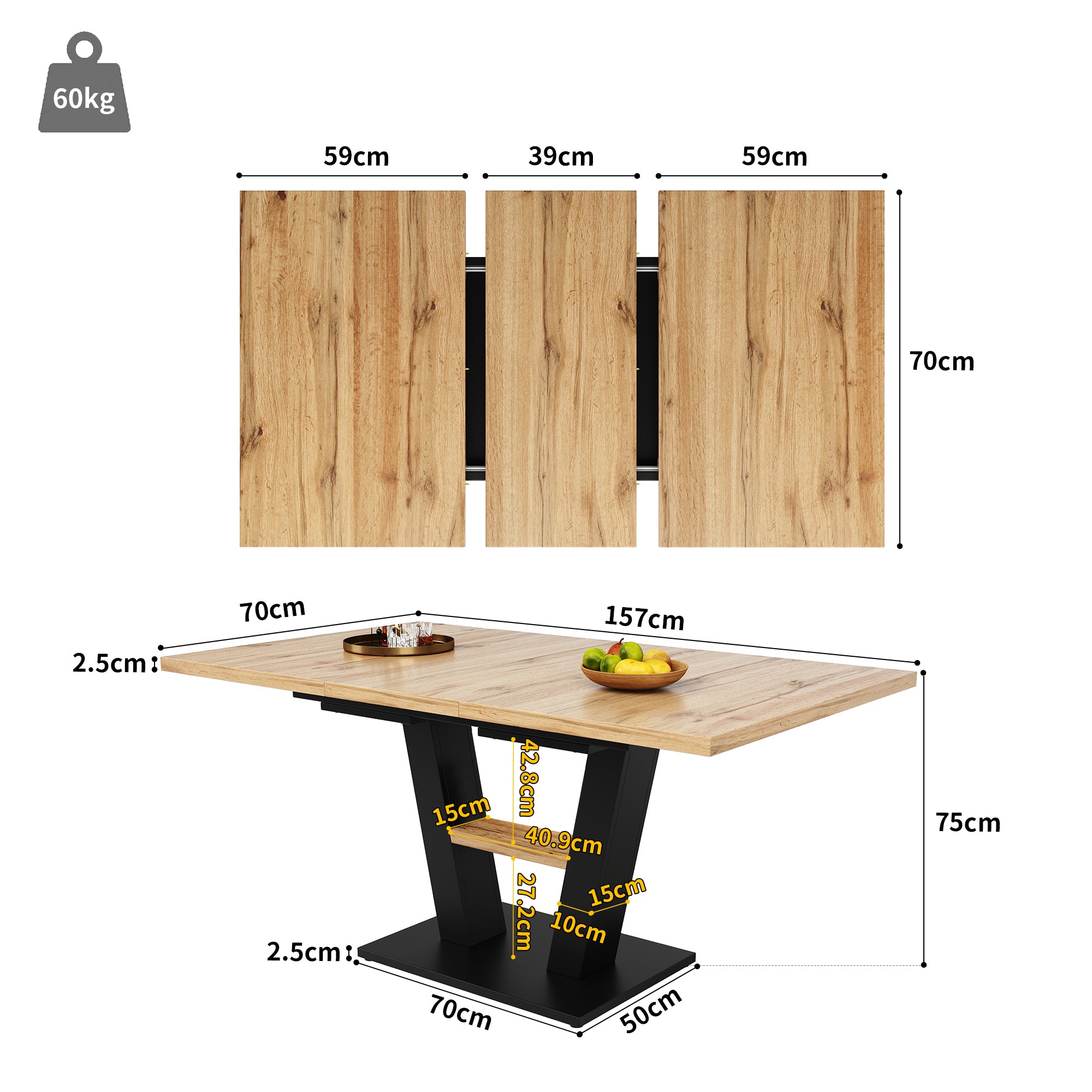Dining Table Set, 5-Piece Extendable 118–157x70cm V-Legs, Velvet