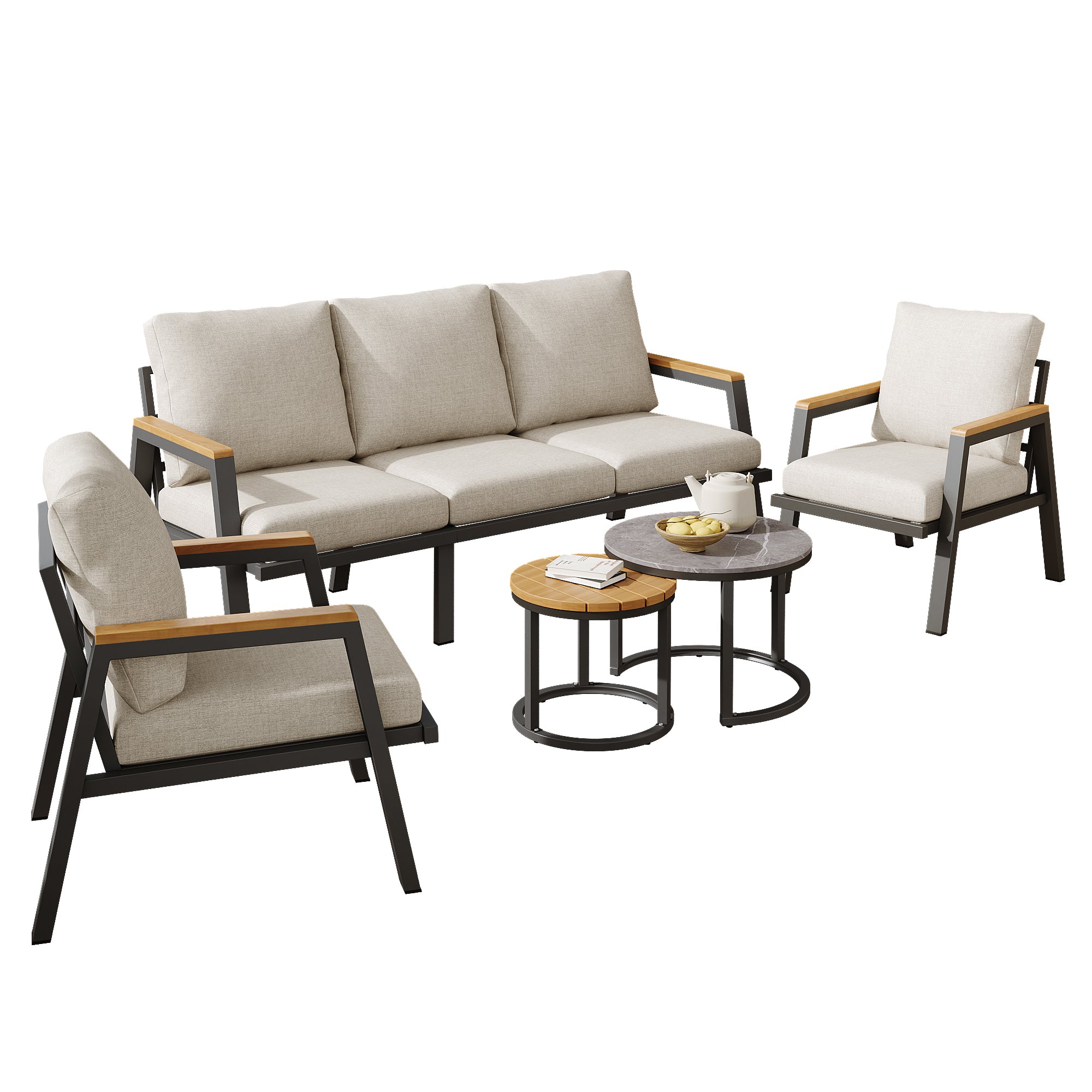 Garden Lounge Set with 3-Seater Sofa, 2 Armchairs and 2 Coffee Tables, Grey Wood and Steel