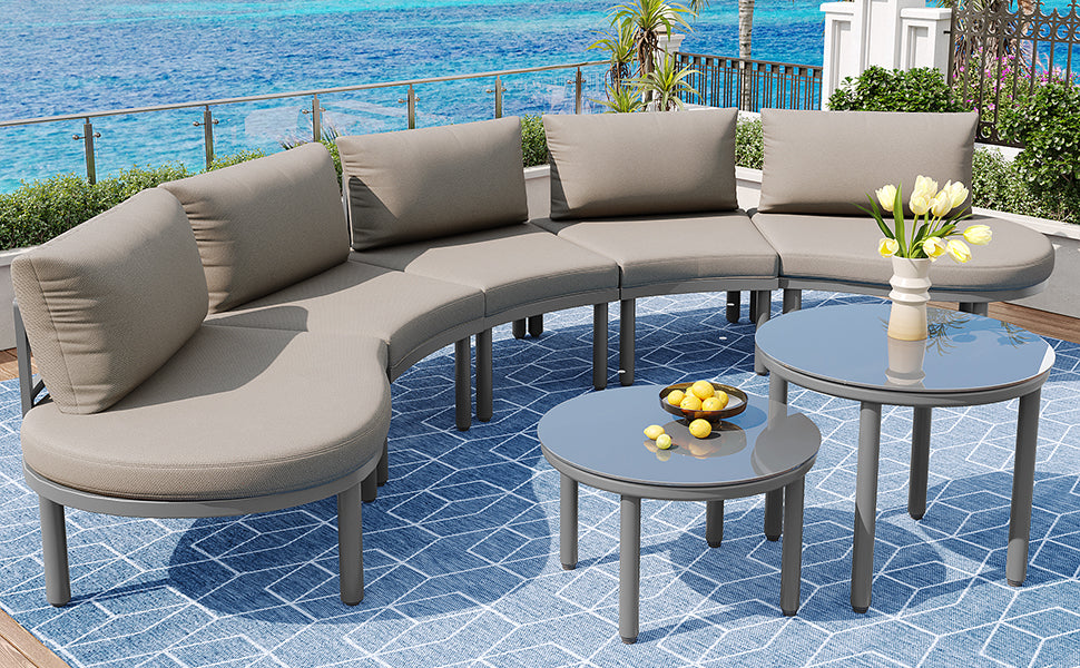Garden furniture set 5-seater 2 coffee tables with grey cushions and pillows galvanized iron