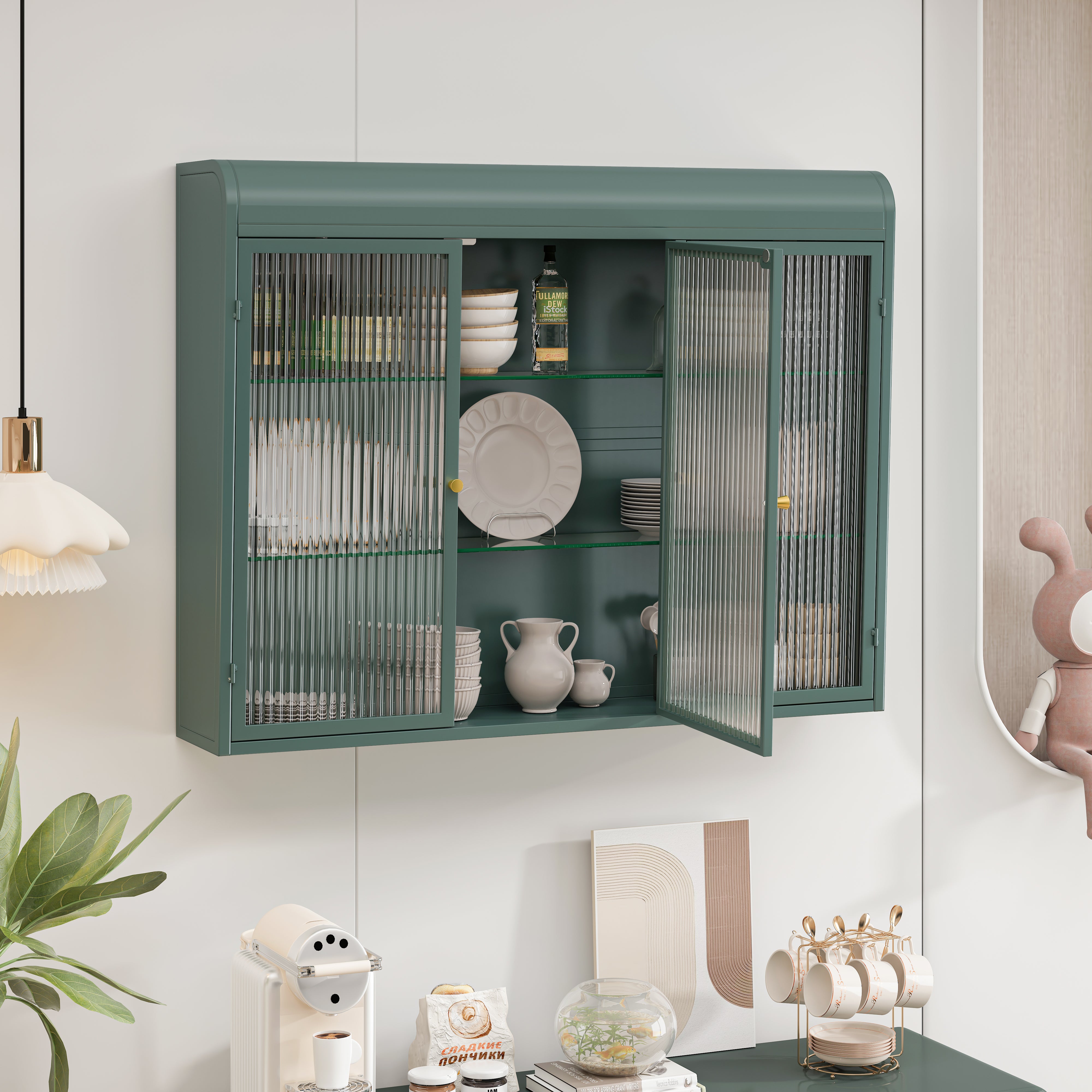 3 Door Arched Wall Mounted Glass Cabinets - Dark Green