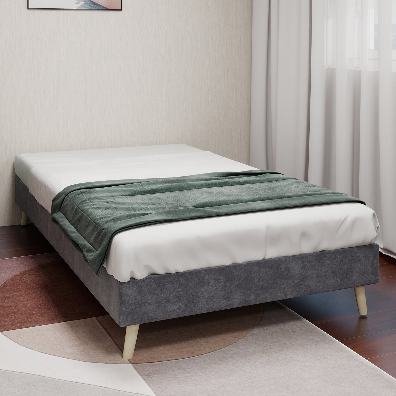 Modern Minimalist Bed Frame, Low-Profile Base 90x200 cm, Grey Dutch Velvet Fabric