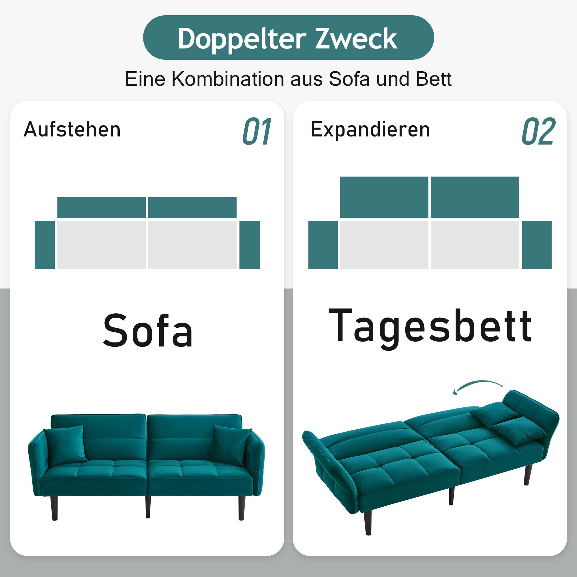 2-in-1 Adjustable Sofa Bed, Two-seater Folding Sleeping Function, Velvet