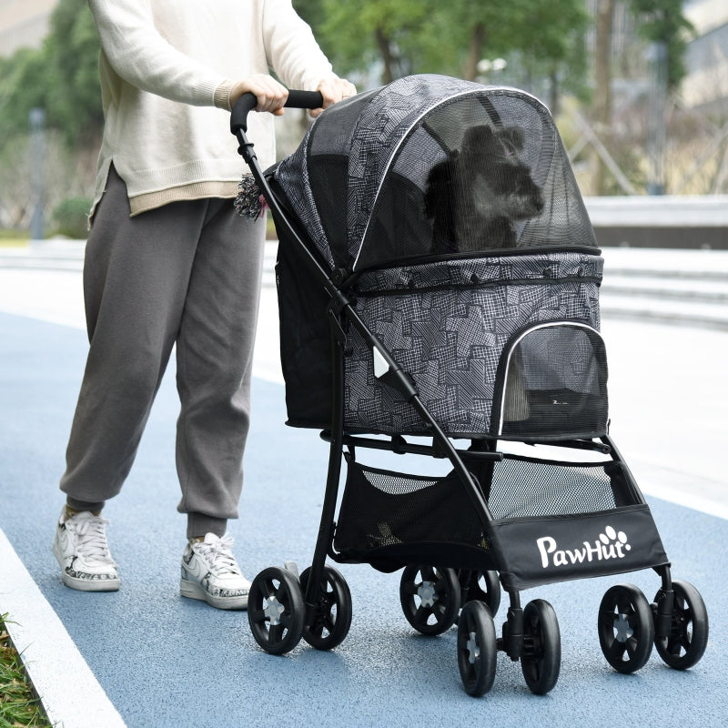 Pet Stroller, Foldable with Carrying Bag, Universal Wheels, Brake Canopy, Grey