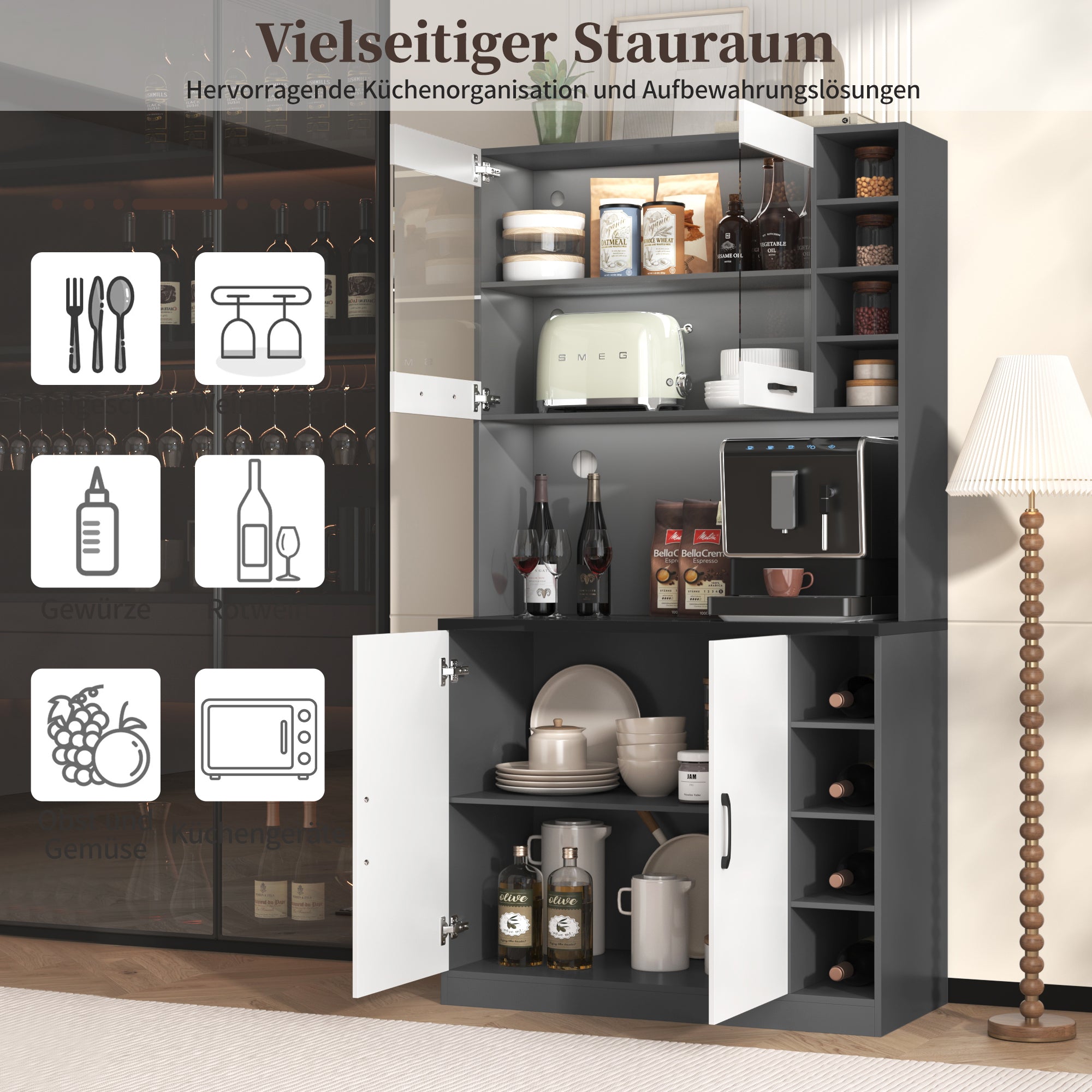 Kitchen Highboard Buffet 100x47x187cm LED Lighting Microwave Adjustable Shelves - Wooden