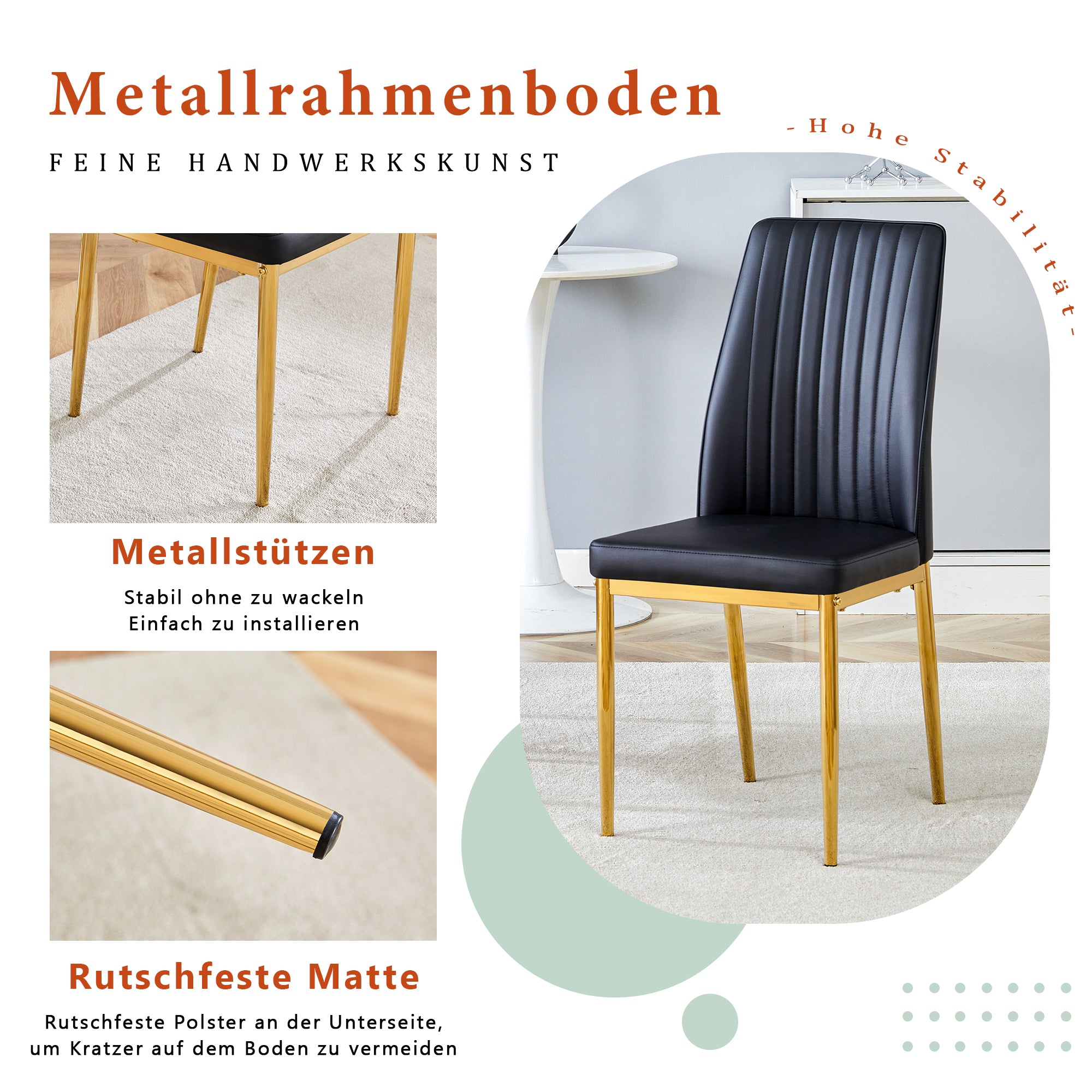 Dining Chair Set of 4, Golden Metal Legs, Black PU Leather