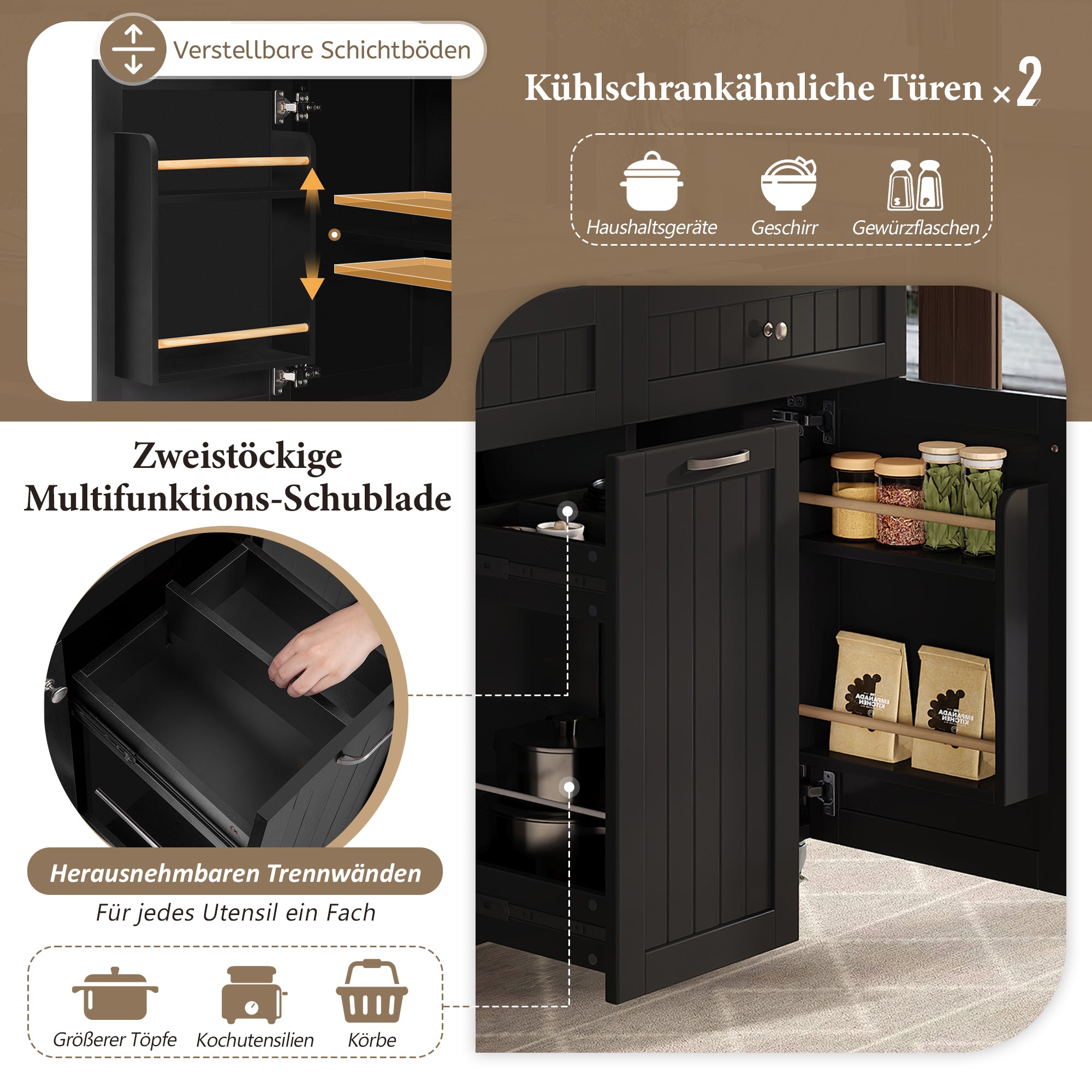 Kitchen Island, Extendable Mobile with Multifunctional Drawers, Black