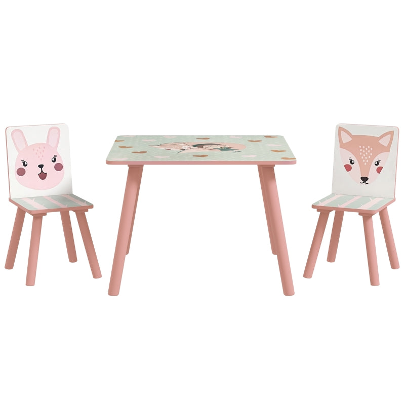 Children's Seating Set, Table with 2 Chairs, Animal Motif, Pine Wood, Pink