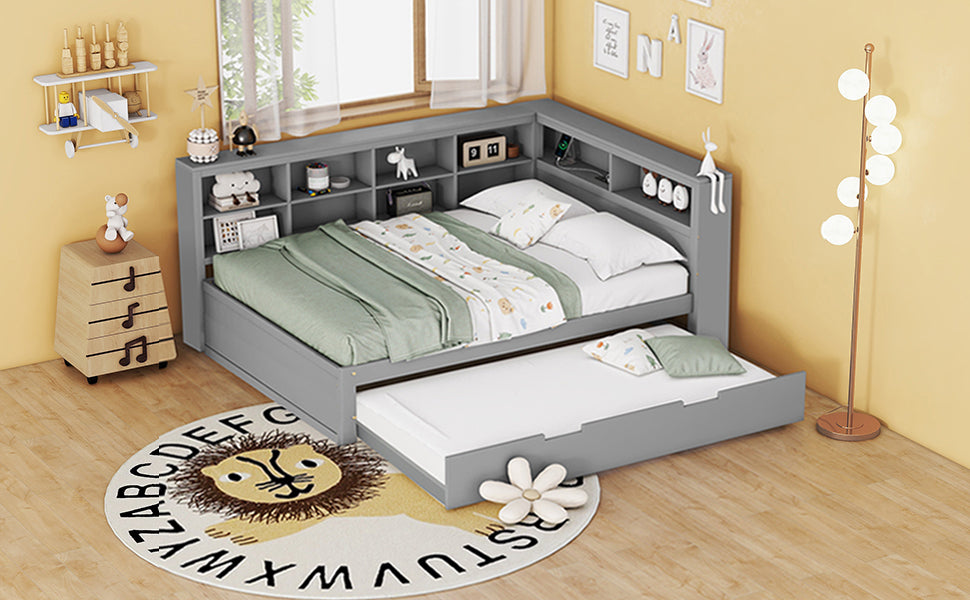 Sofa Bed 140x200 Pull-Out 90x190 with USB & Storage, Solid Wood, Gray