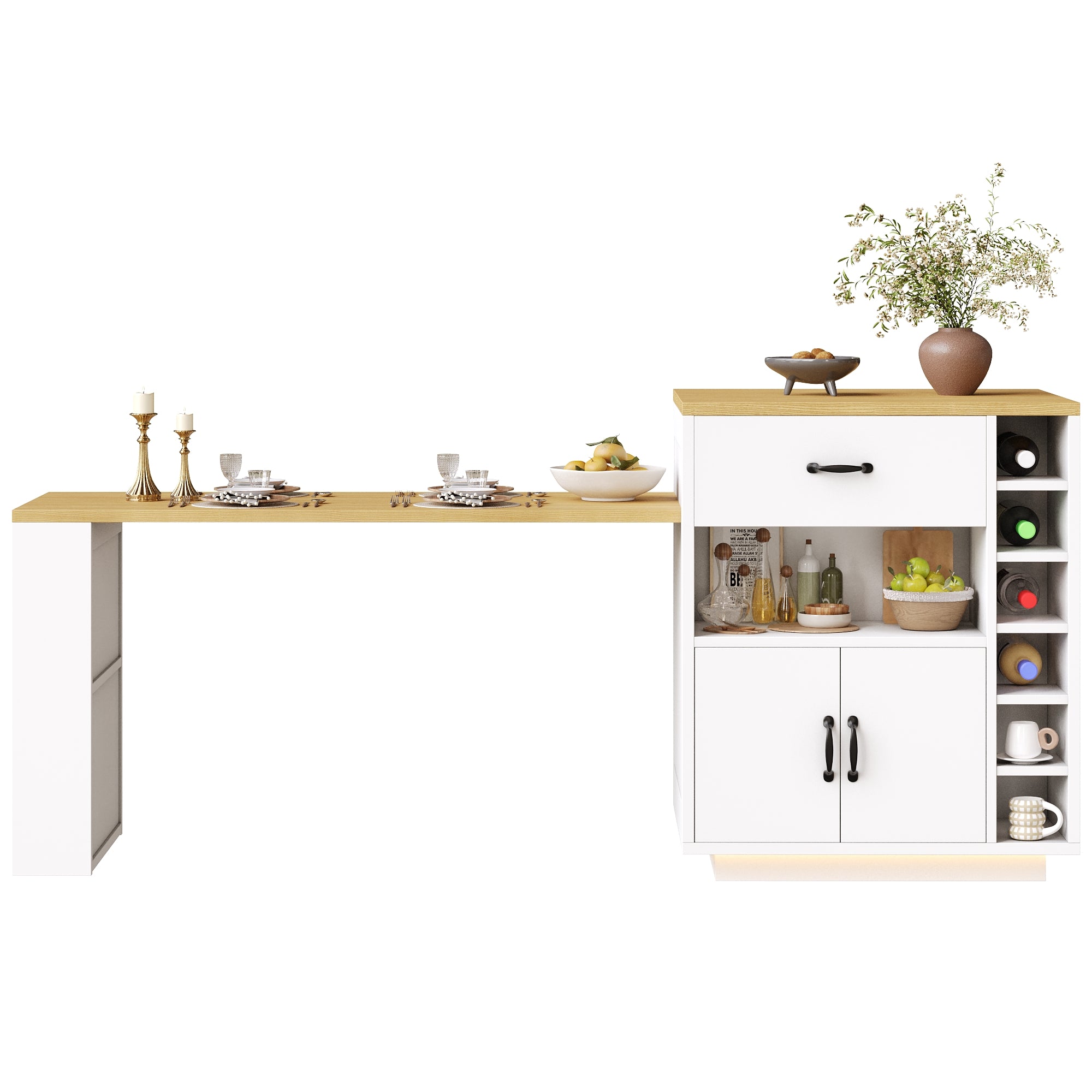 Kitchen Island with Pull-out Table and Storage, 2 Drawers and 4 Doors, Black/White