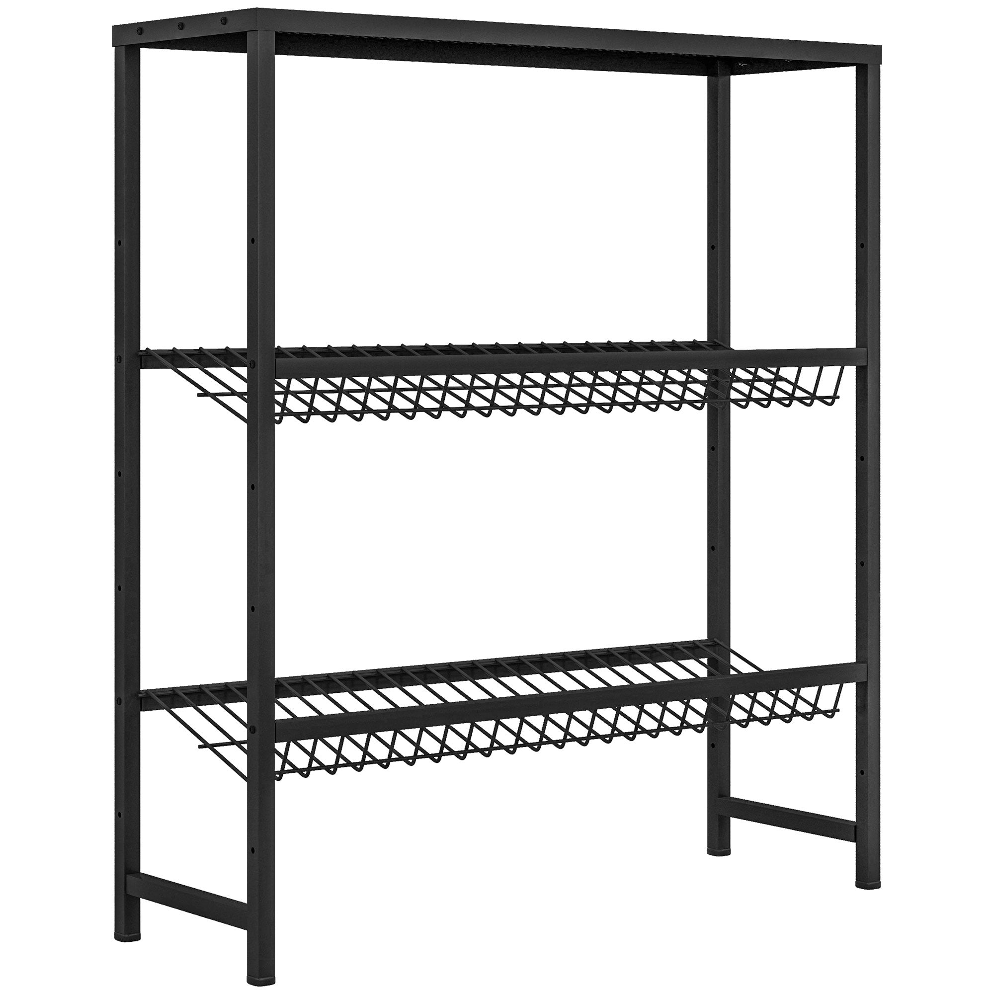 Freestanding beverage crate rack 6 crates adjustable shelf height 3 levels non-slip black steel