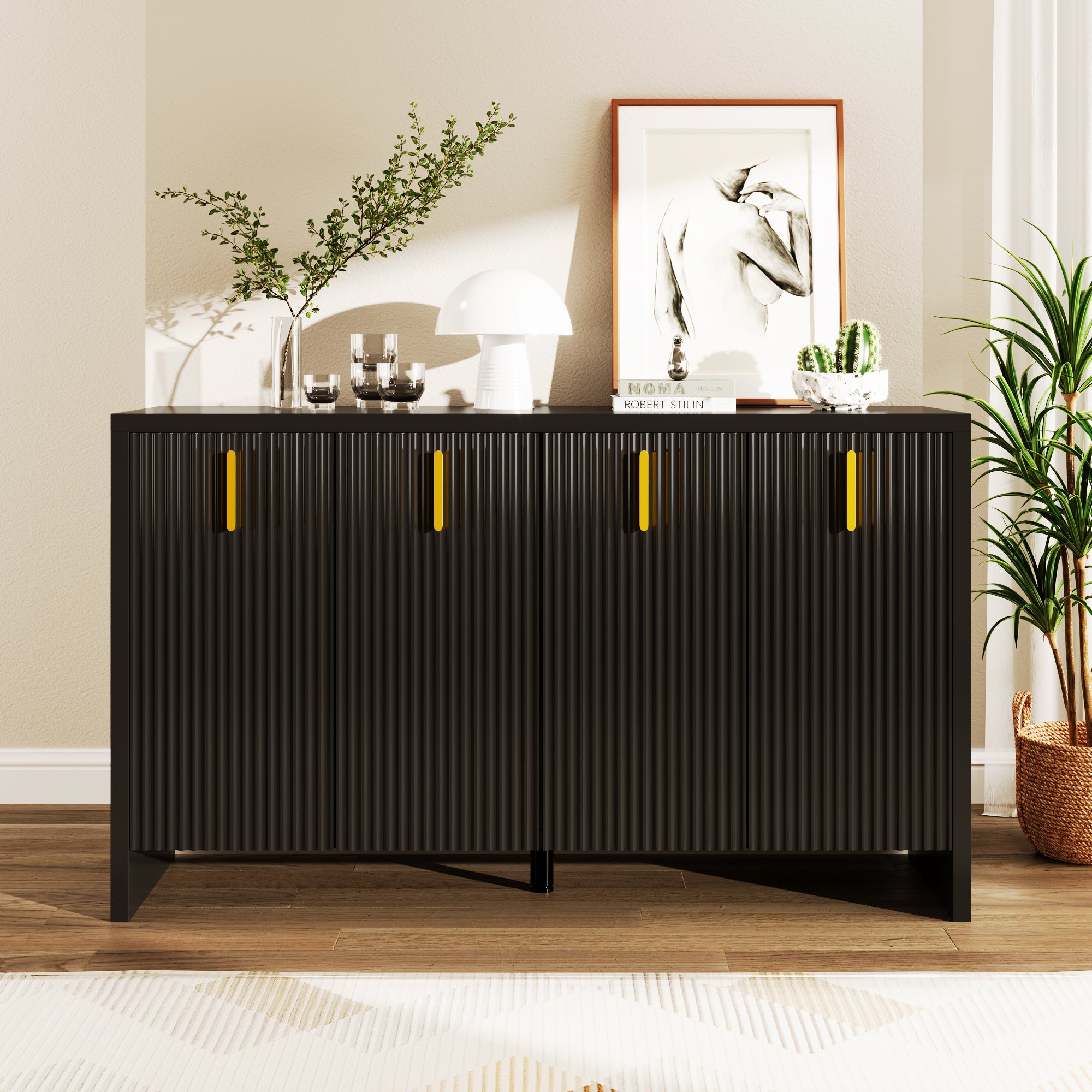 Sideboard, Minimalist with Flexible Storage, Gold Handles & Adjustable Dividers, Black