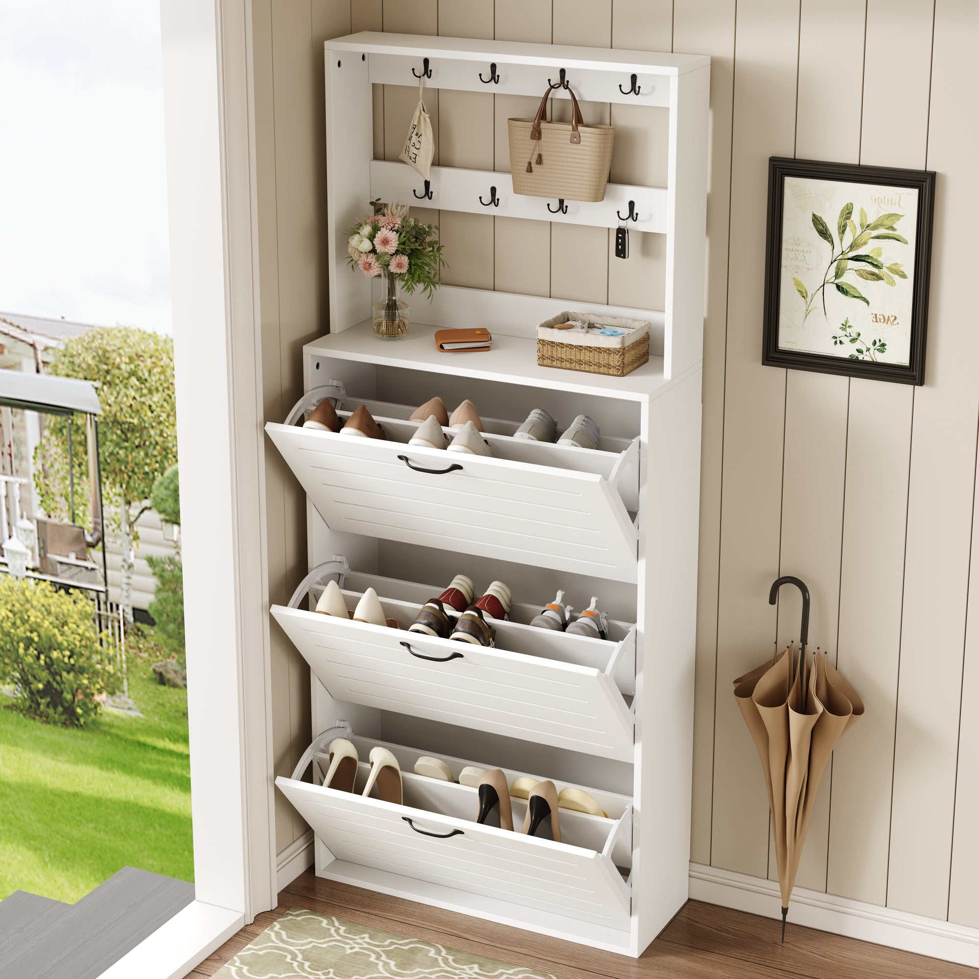 Shoe Cabinet with 3 Doors, Hooks, 15 Pairs Capacity