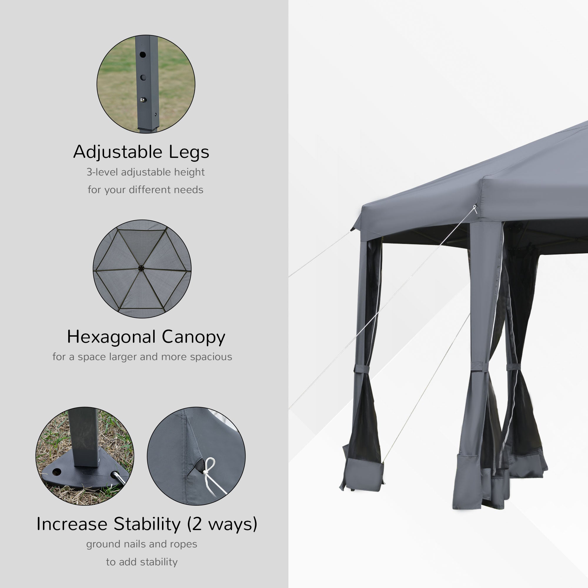 Pop Up Gazebo Hexagonal Canopy Tent with 6 Mesh Sidewalls, Grey