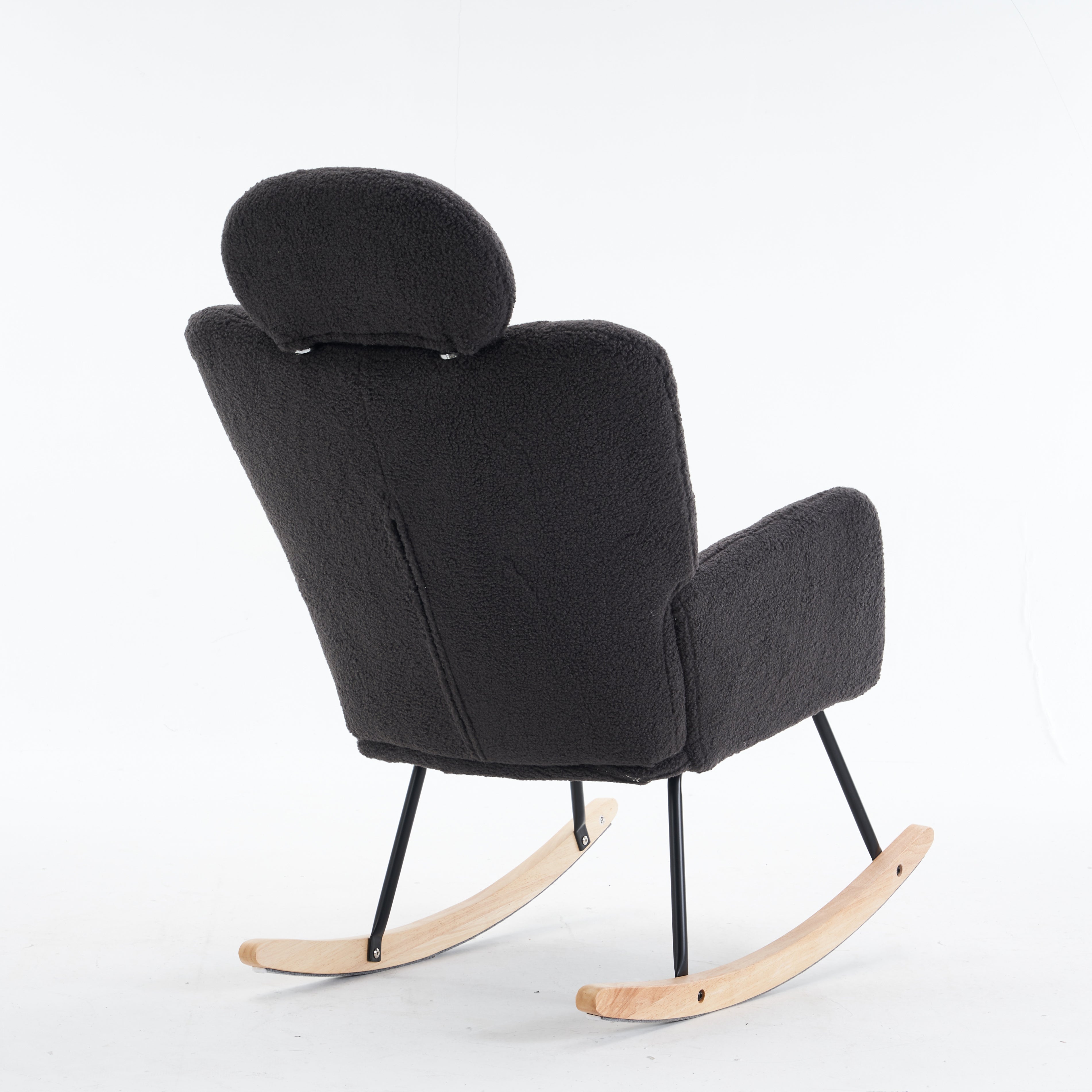 Teddy Rocking Chair Tufted Upholstered Padded Seat Headrest Foldable Footrest, Dark Grey