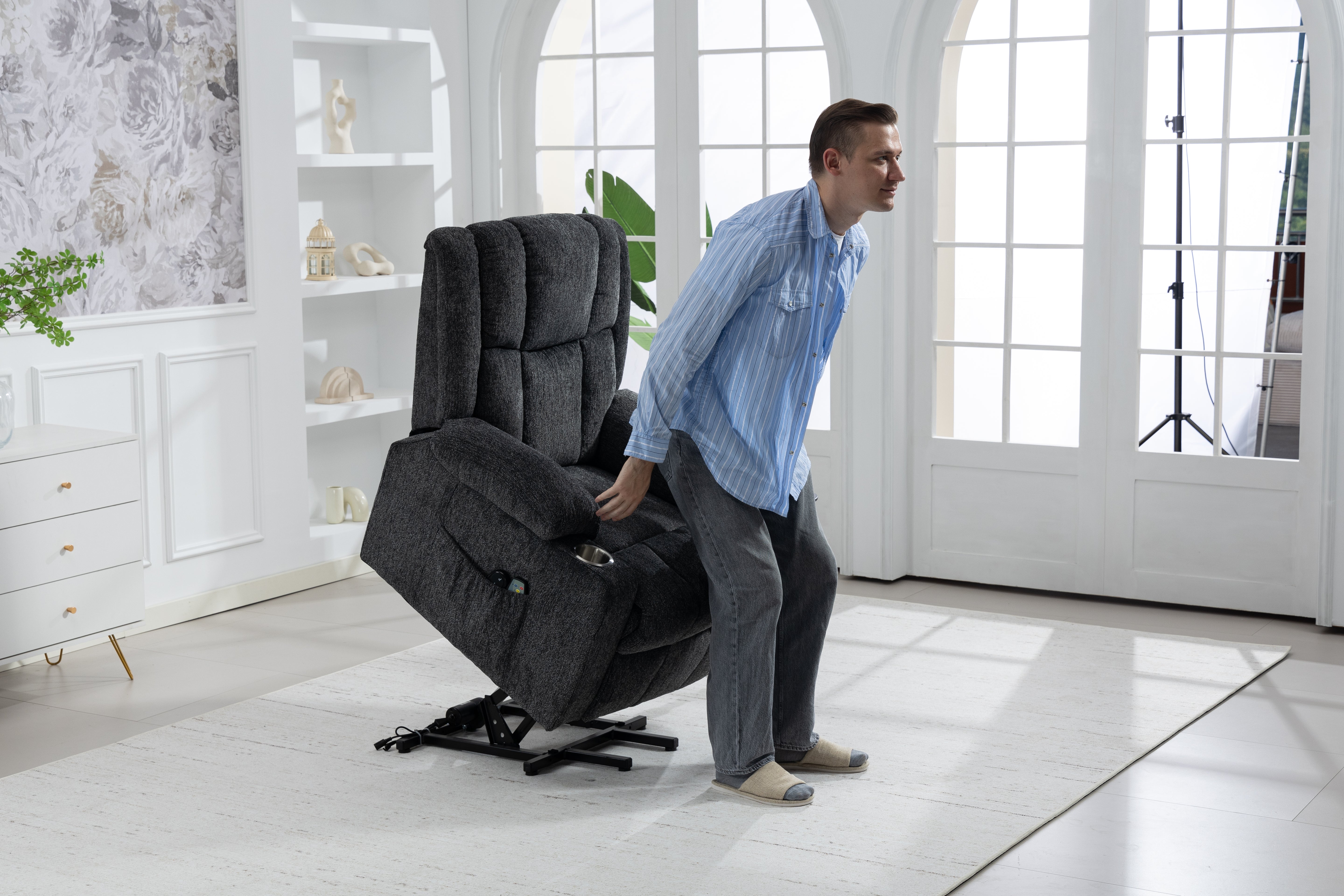 Electric Armchair Lift Assist Massage Heat Footrest Cup Holder - Dark Grey