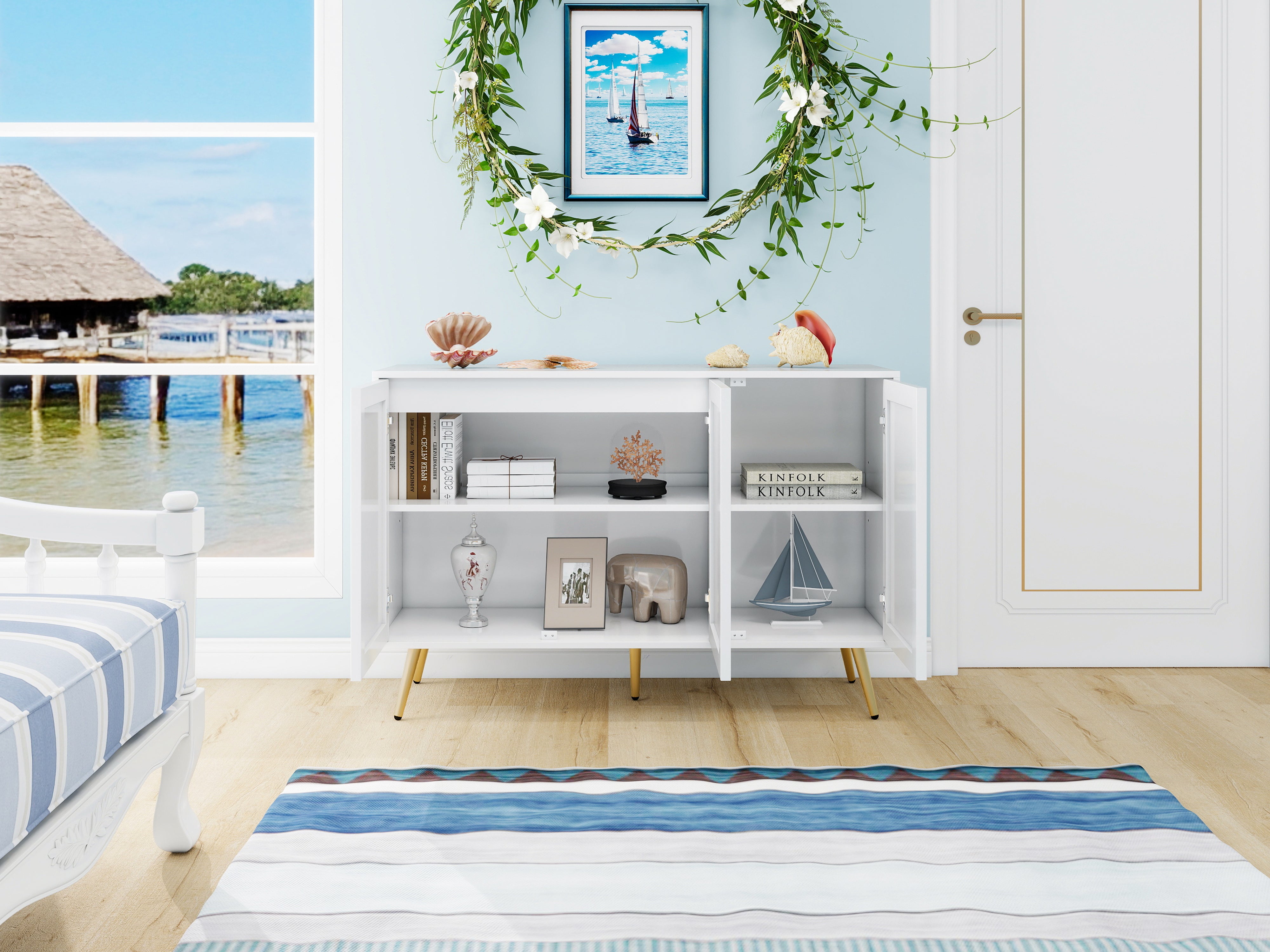 Sideboard Cabinet, 3-Door, 3D Carving, Gold Metal Legs, White