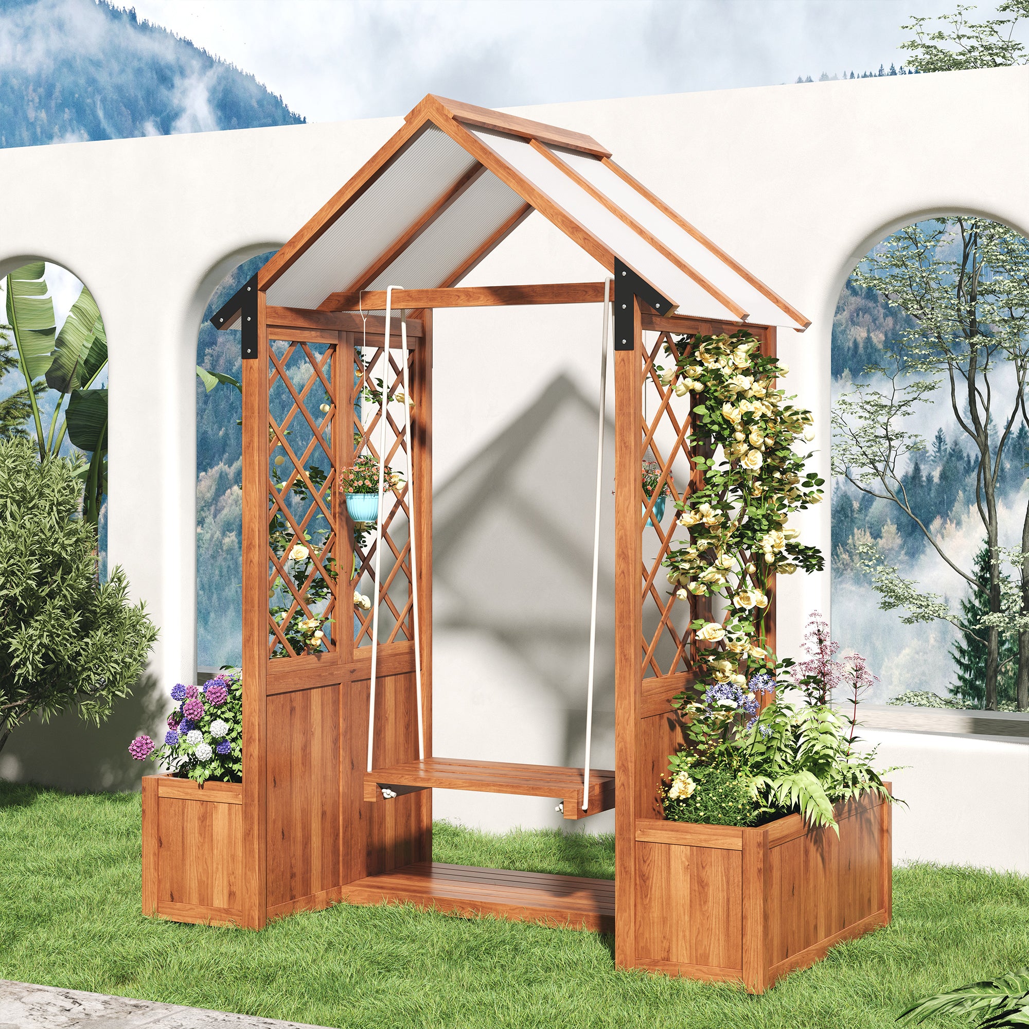 Planter with Trellis and Sunroof, Brown Solid Wood