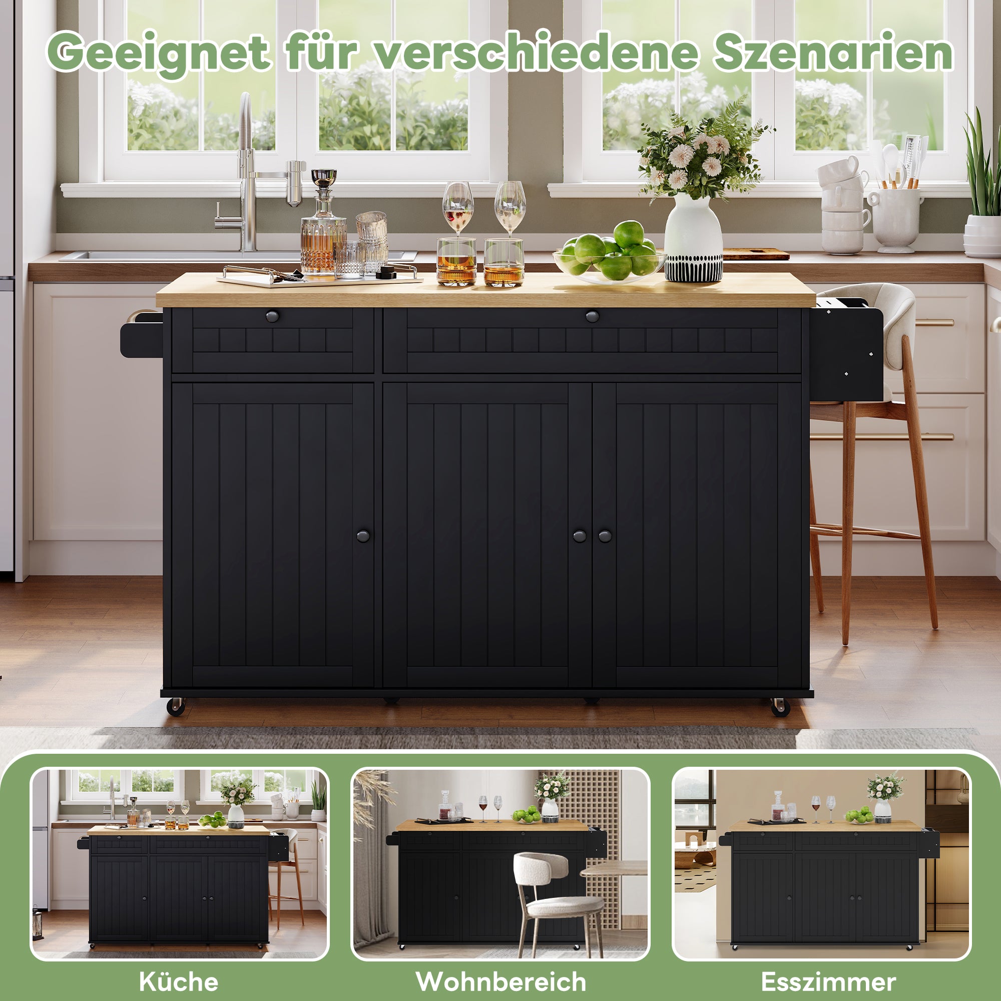Kitchen Island Cabinet with Fold-Down Worktop, 6 Rolling Casters & Storage Drawers, Black