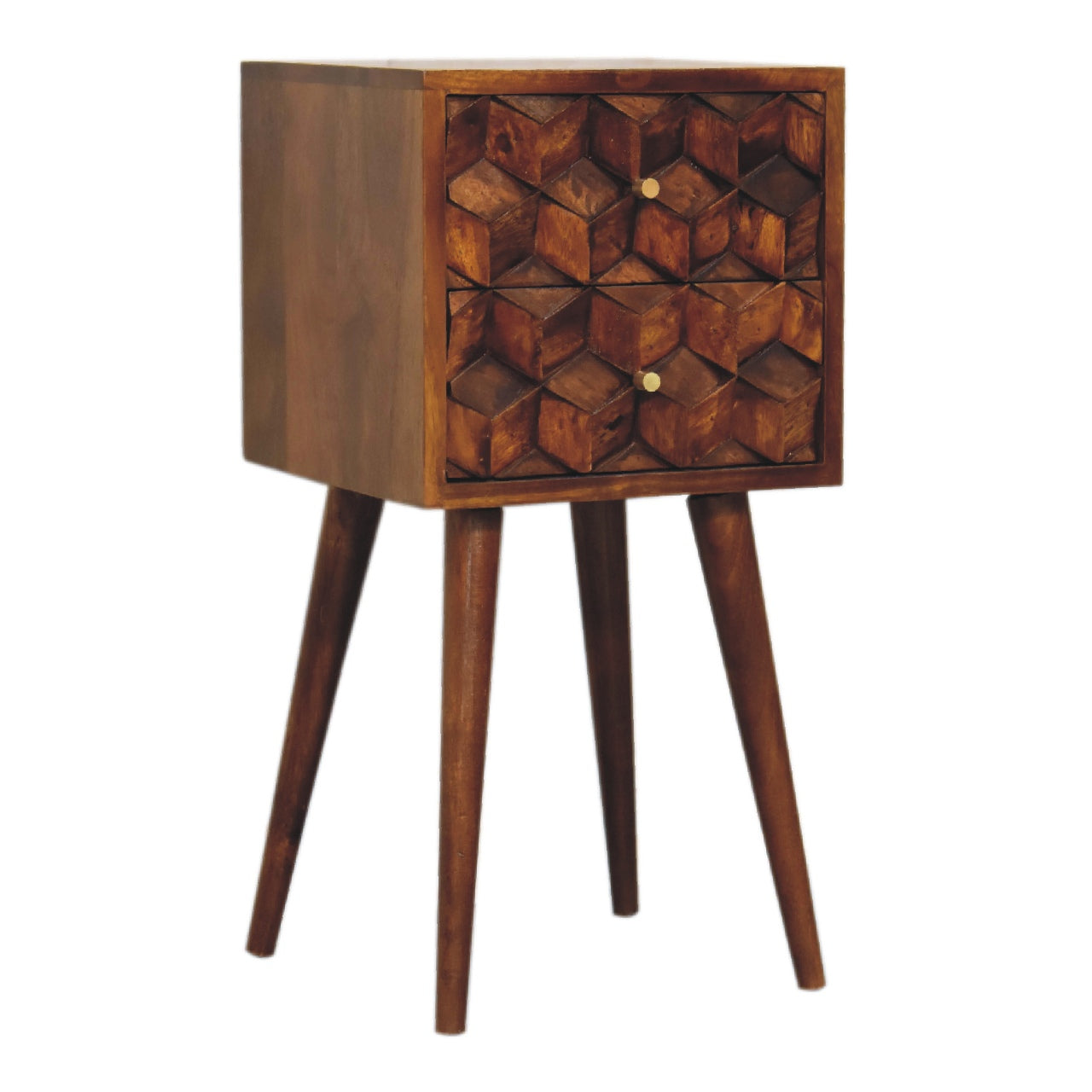 Solid Wood Mini Chestnut Cube Bedside, 2 Drawers, Dark Brown