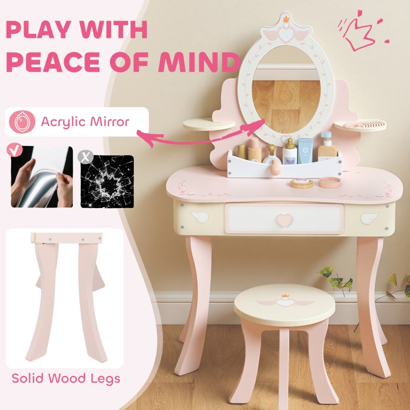 Kids Dressing Table Vanity Set with Mirror Stool Drawer Storage Pink