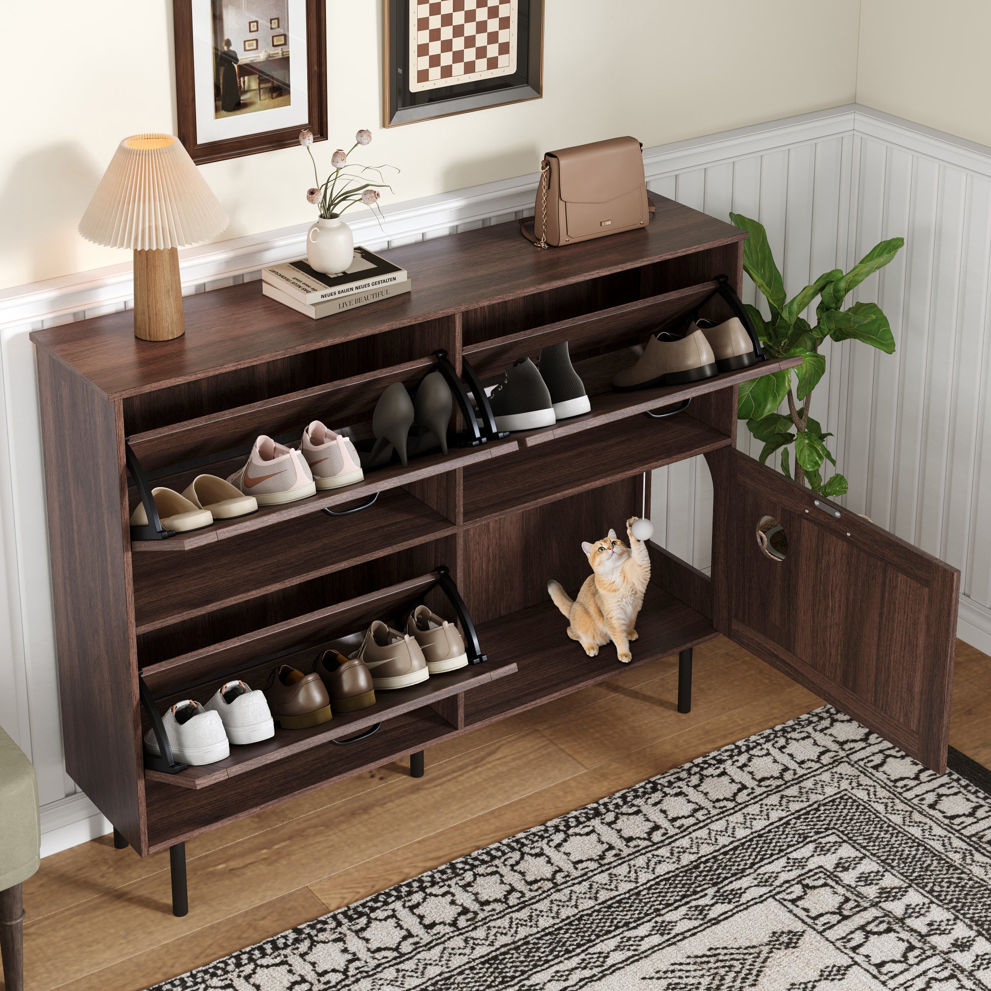 Narrow shoe cabinet with 3 flaps and pet toy storage, for hallway use