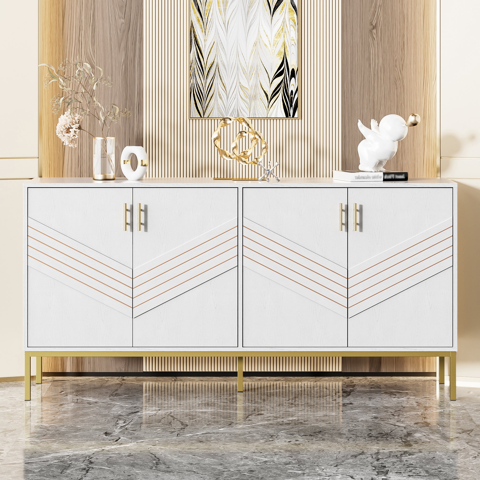 Sideboard, 4 Doors, Large Capacity, Height-Adjustable, White & Gold MDF