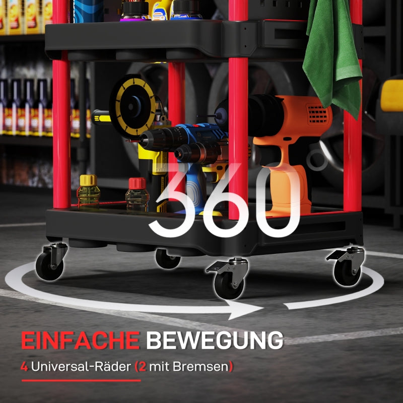 Workshop trolley 3 levels, side perforated shelves, 10 hooks, 91 kg load capacity, black