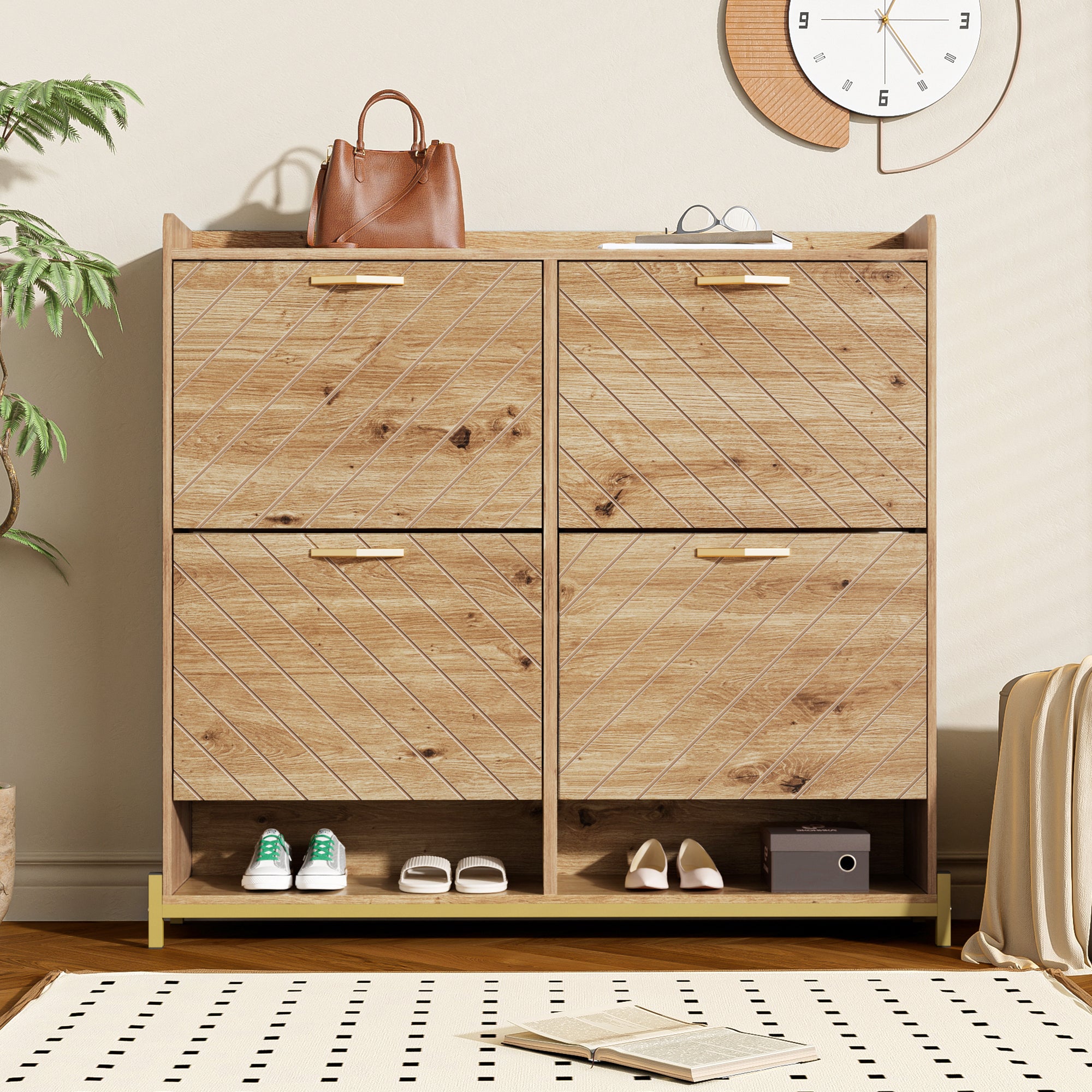 Modern Shoe Rack 4-Door Space-Saving Cabinet Wood Look