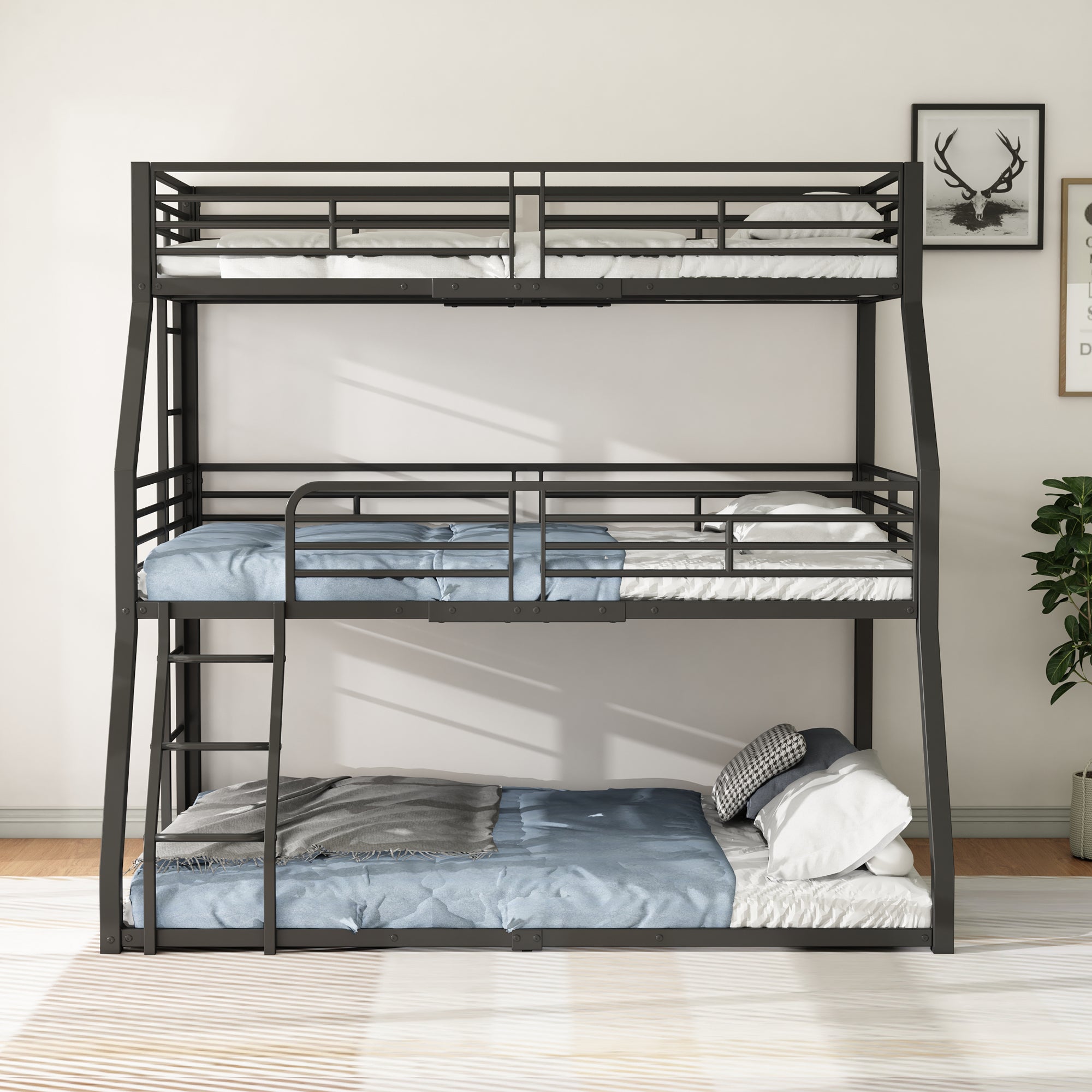 Bunk Bed, Triple Design, Metal Frame, Multi-Size (90/120/140 x 200 cm), Black
