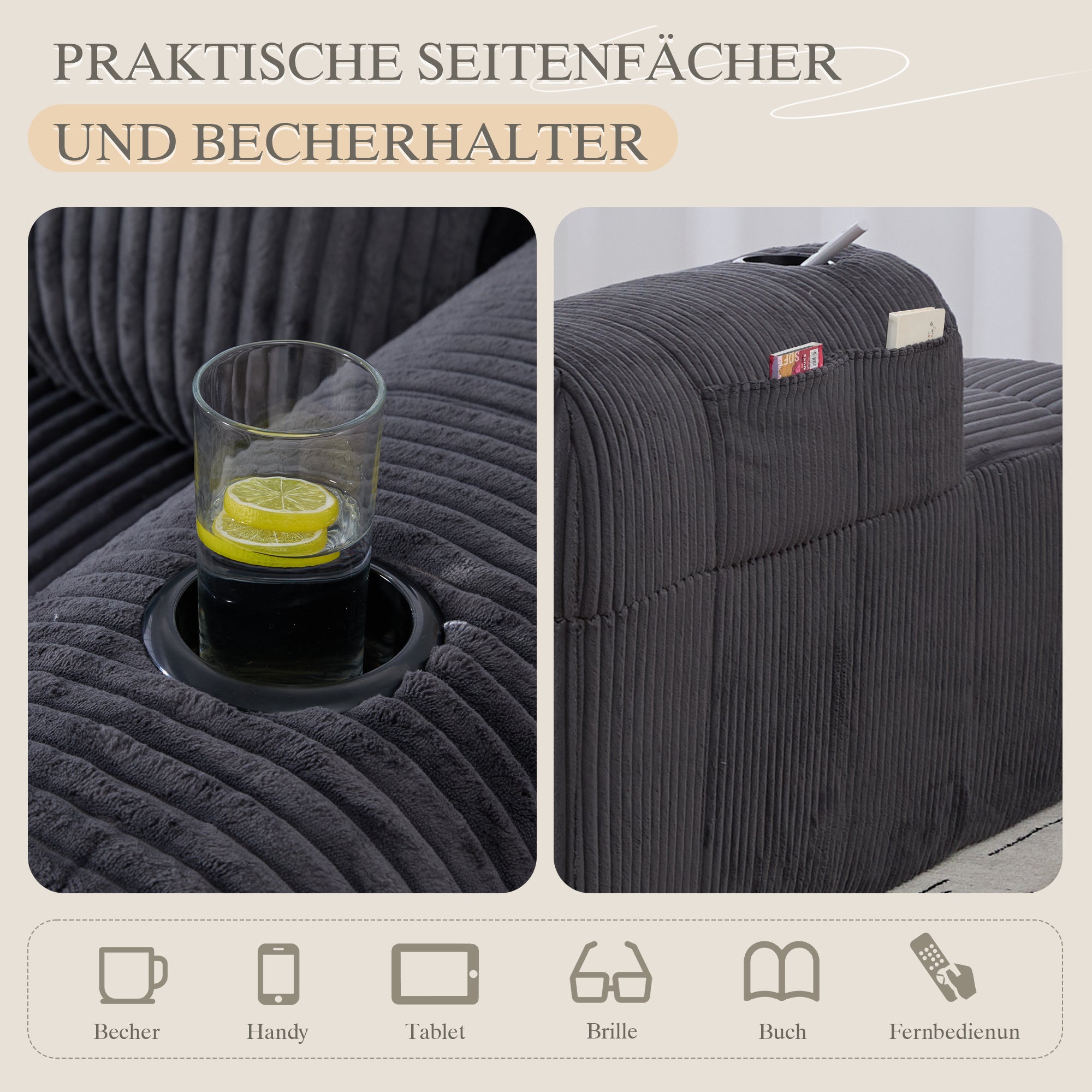 Cozy Recliner Sofa Side Pocket Drink Holder - Corduroy