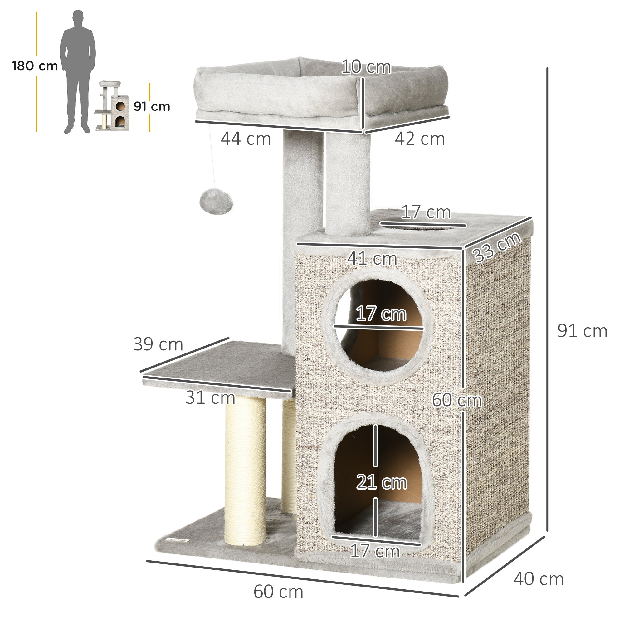 Cat Scratching Post, 2 Cat Caves, Sisal Column, Play Platform, Light Grey
