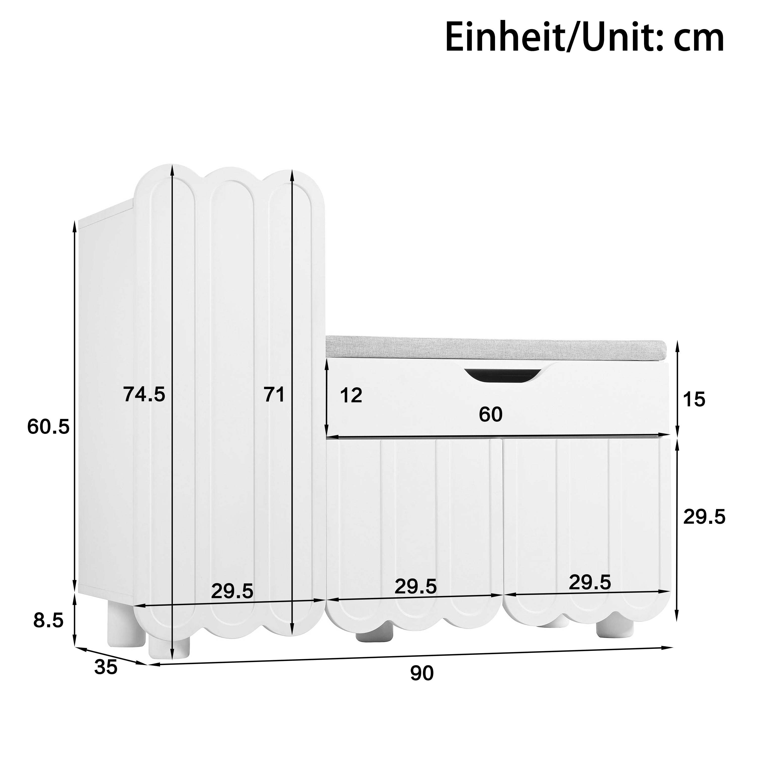Modern 3-door shoe cabinet with drawer and seat cushion, white