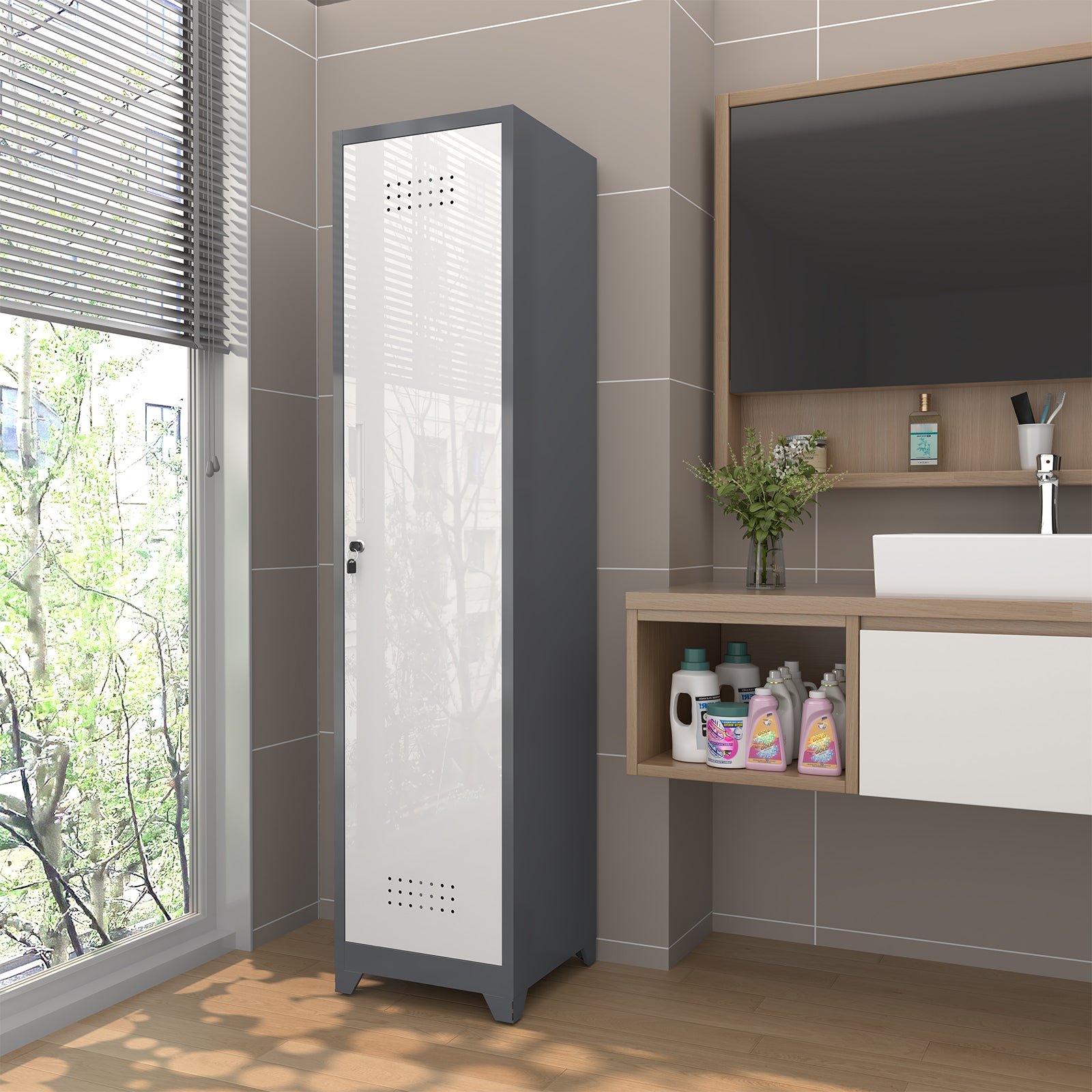 Slim Broom Storage Cabinet with Shelves, Hanging Rod & Locking Door - Metal