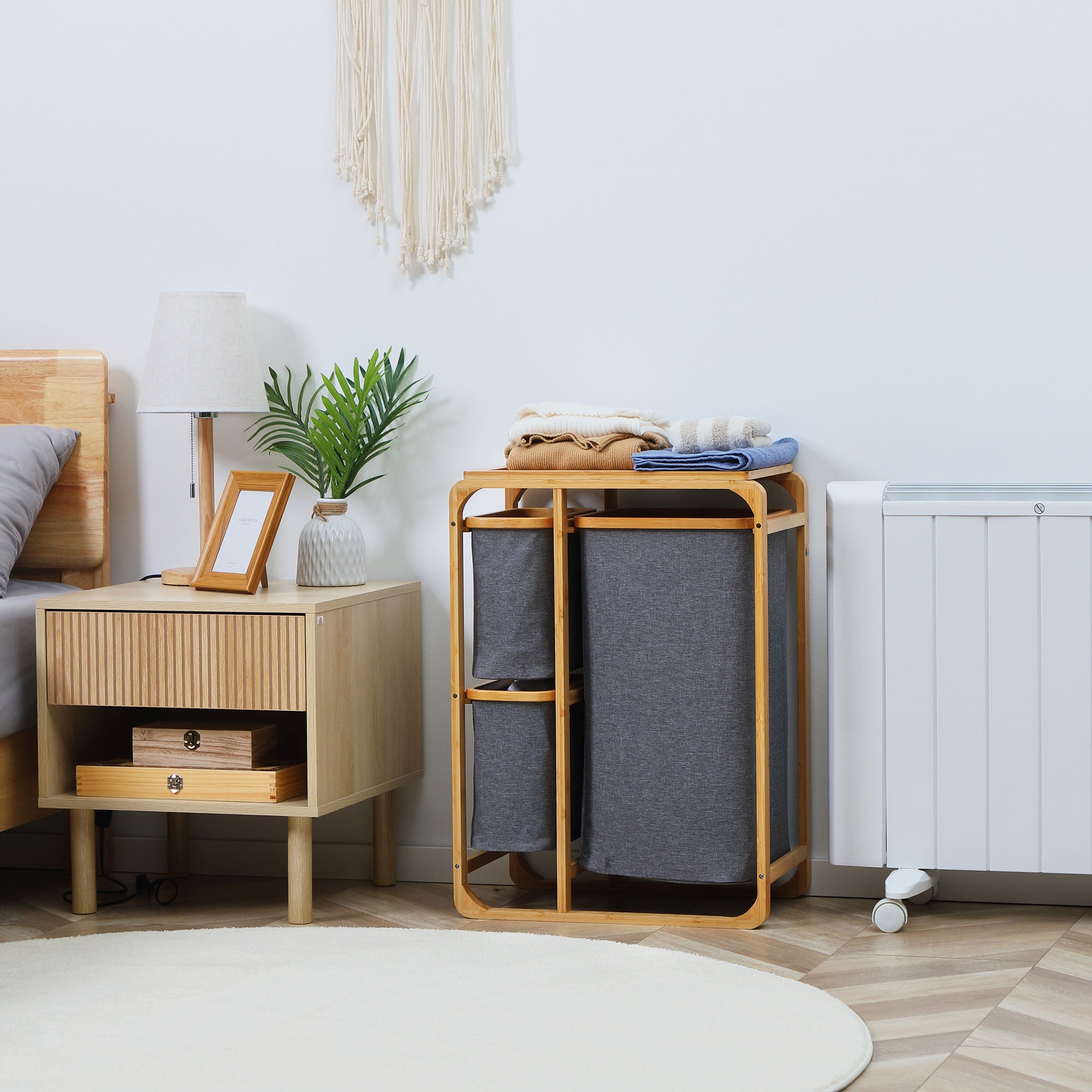 Laundry Basket, Platform Laundry Collector with 3 Removable Bags, Grey+Natural Bamboo