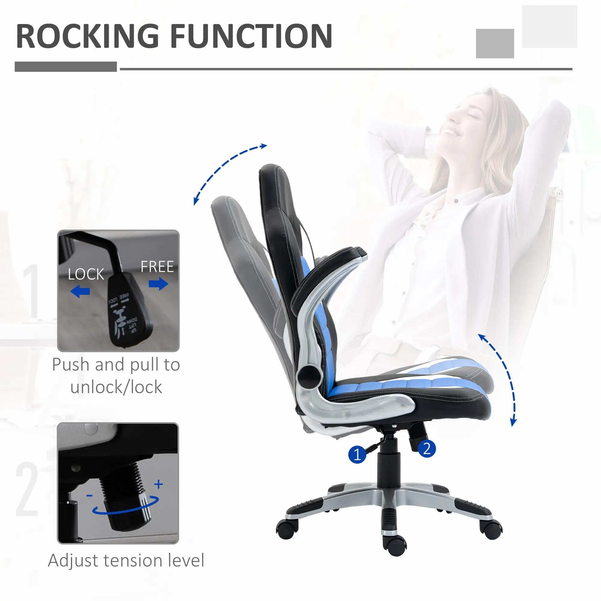 Computer Gaming Chair Swivel with Flip-up Armrest, Adjustable Height, PU Leather Blue