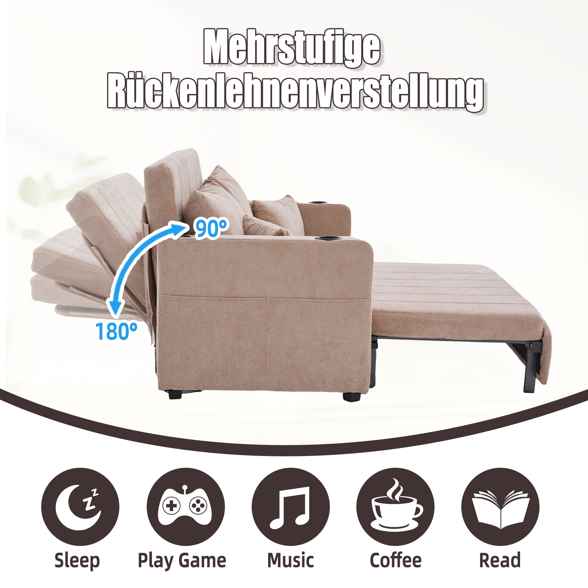 Multifunctional Sofa, Folding Pull-Out with Storage & USB, Fabric
