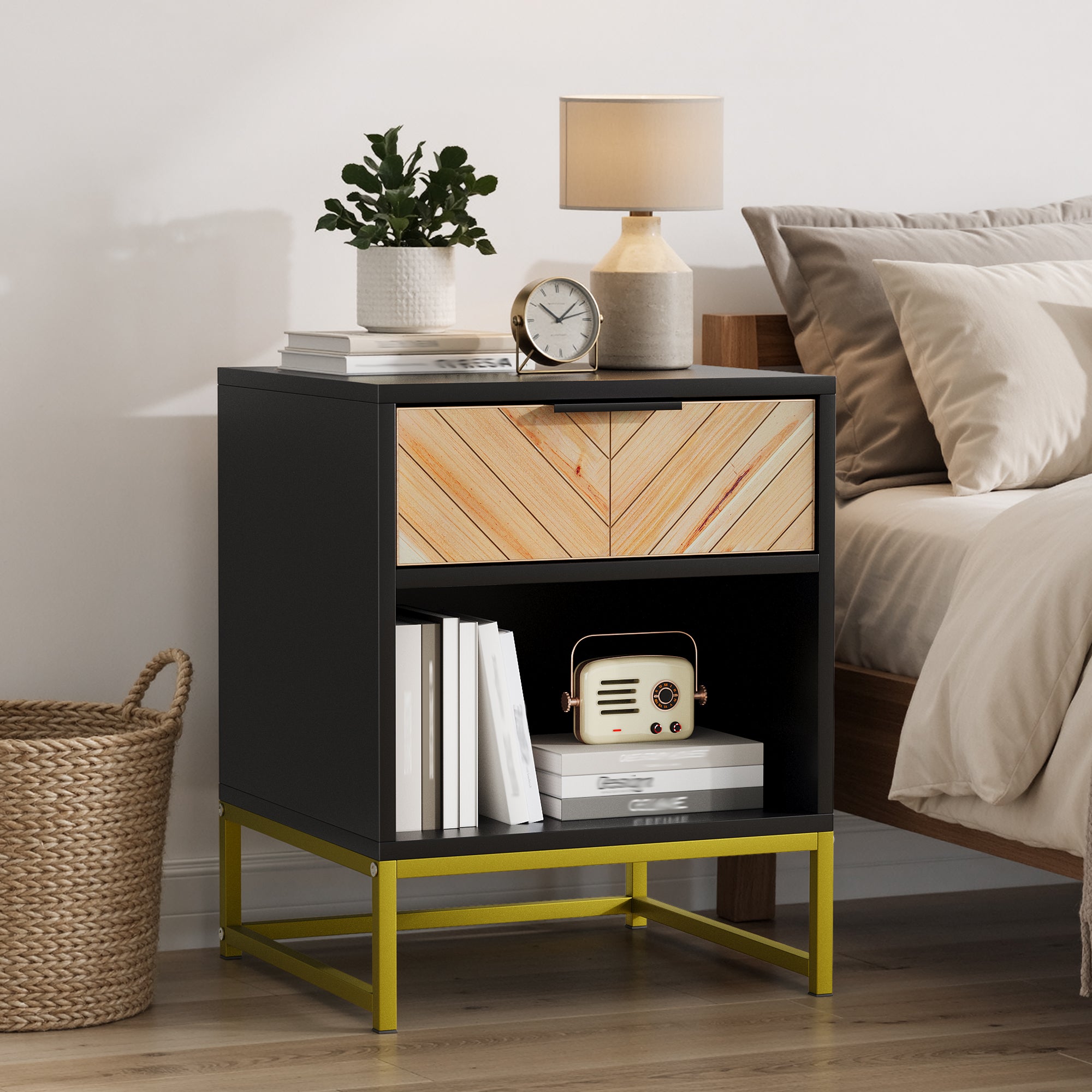 Modern Bedside Table with Drawer & Open Compartment 43x40x55 cm