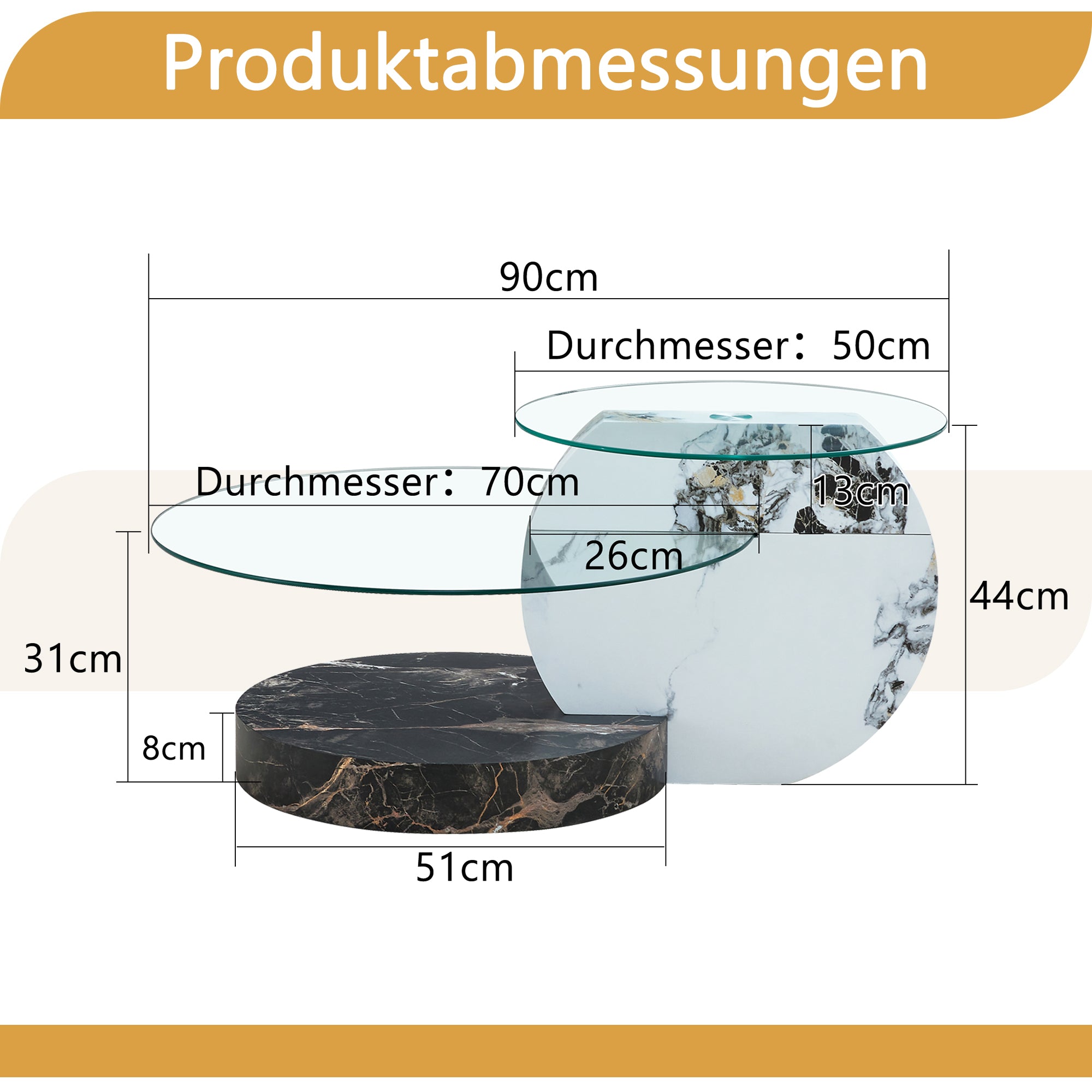 Coffee Table Modern Minimalist Two-Tiered Safety Glass Black and White Marble Effect