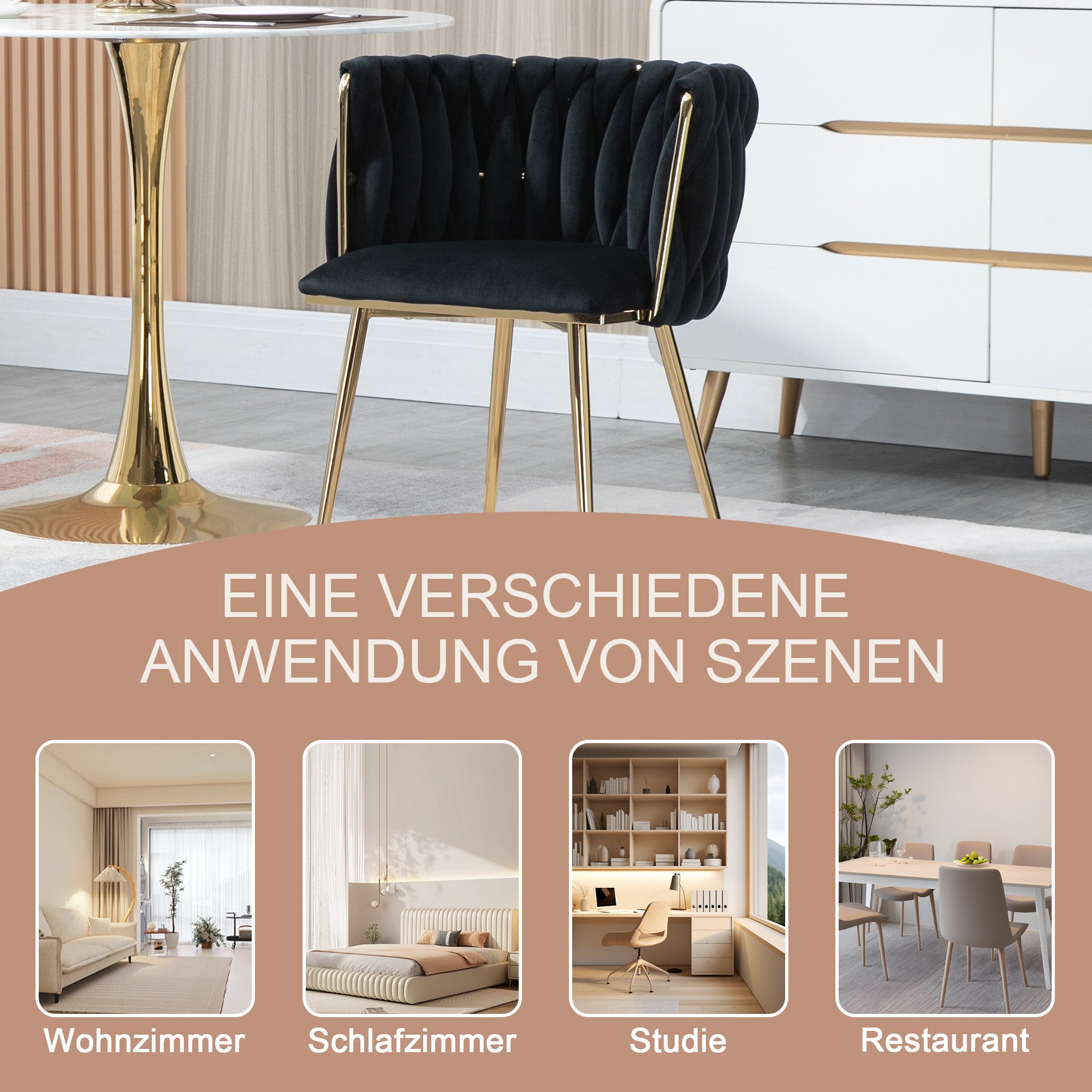 Dining Chair Set Modern Luxury Handwoven Gold Legs Soft Cushion Velvet (Set of 2)