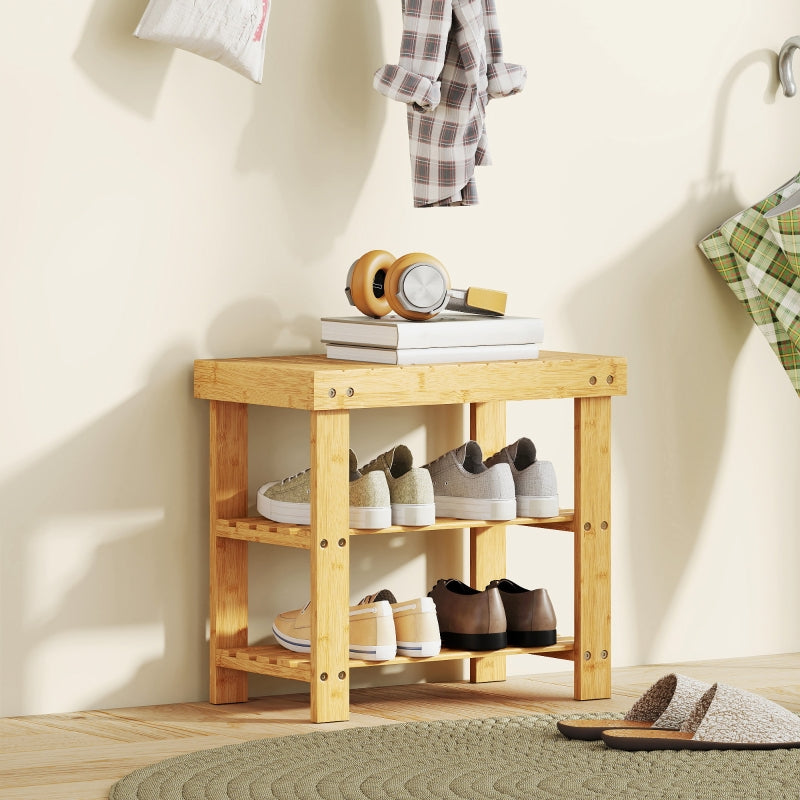 Bamboo Shoe Bench 2 Shelves Seat 50x28x45cm - Natural