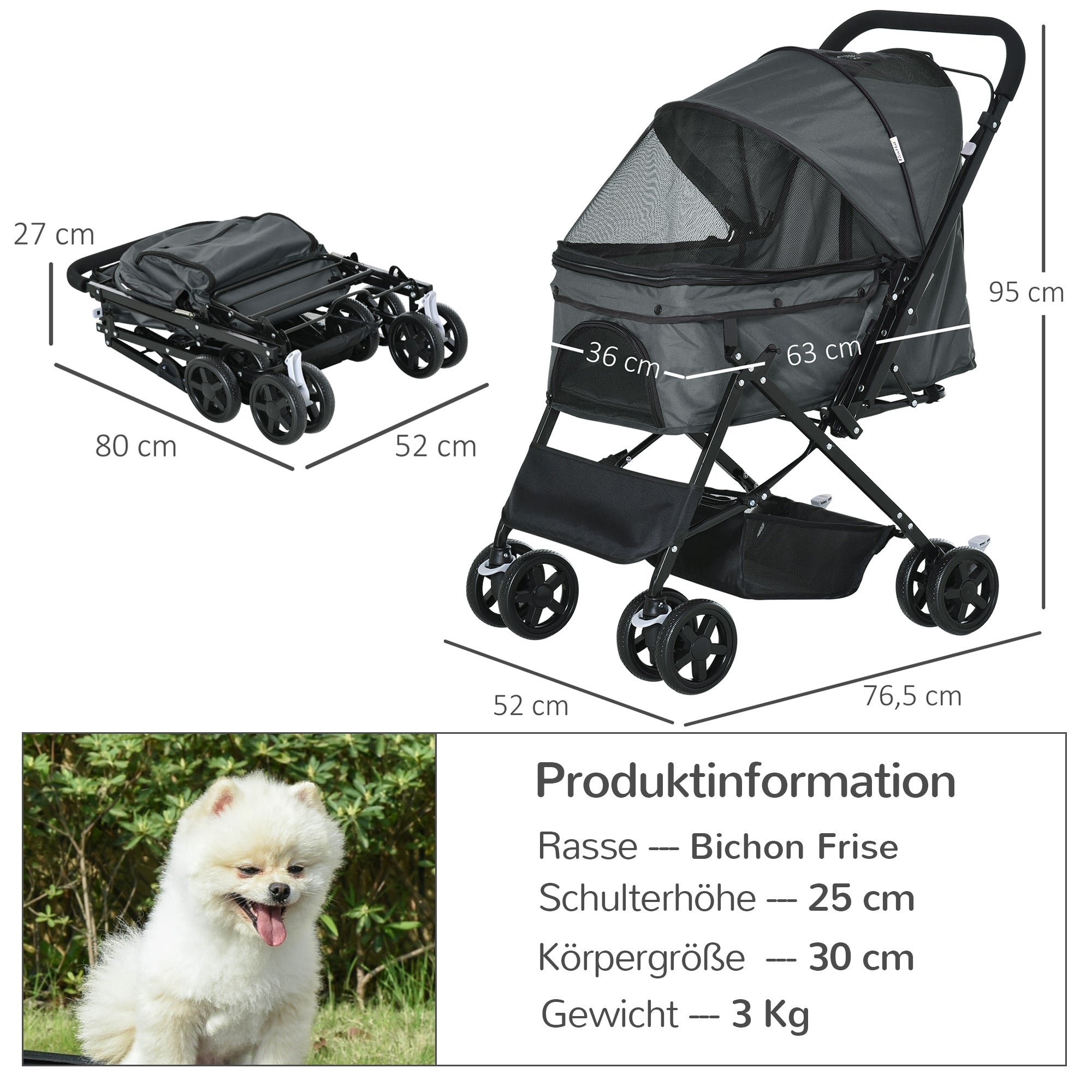 Dog Buggy, Pet Stroller for Small Dogs & Cats, Dark Grey Oxford