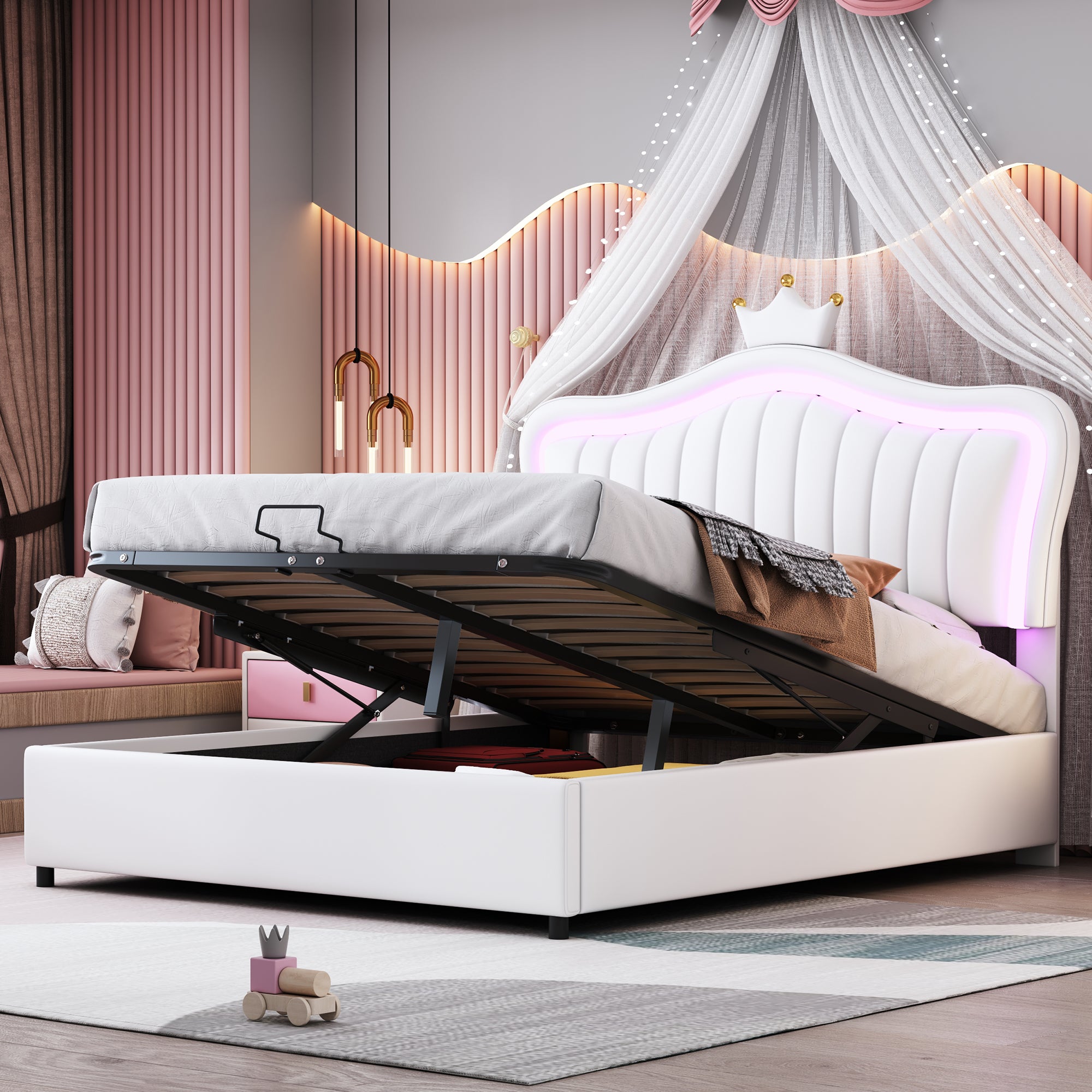 Children's Bed, Upholstered Hydraulic Storage with LED Lights, White PU Leather