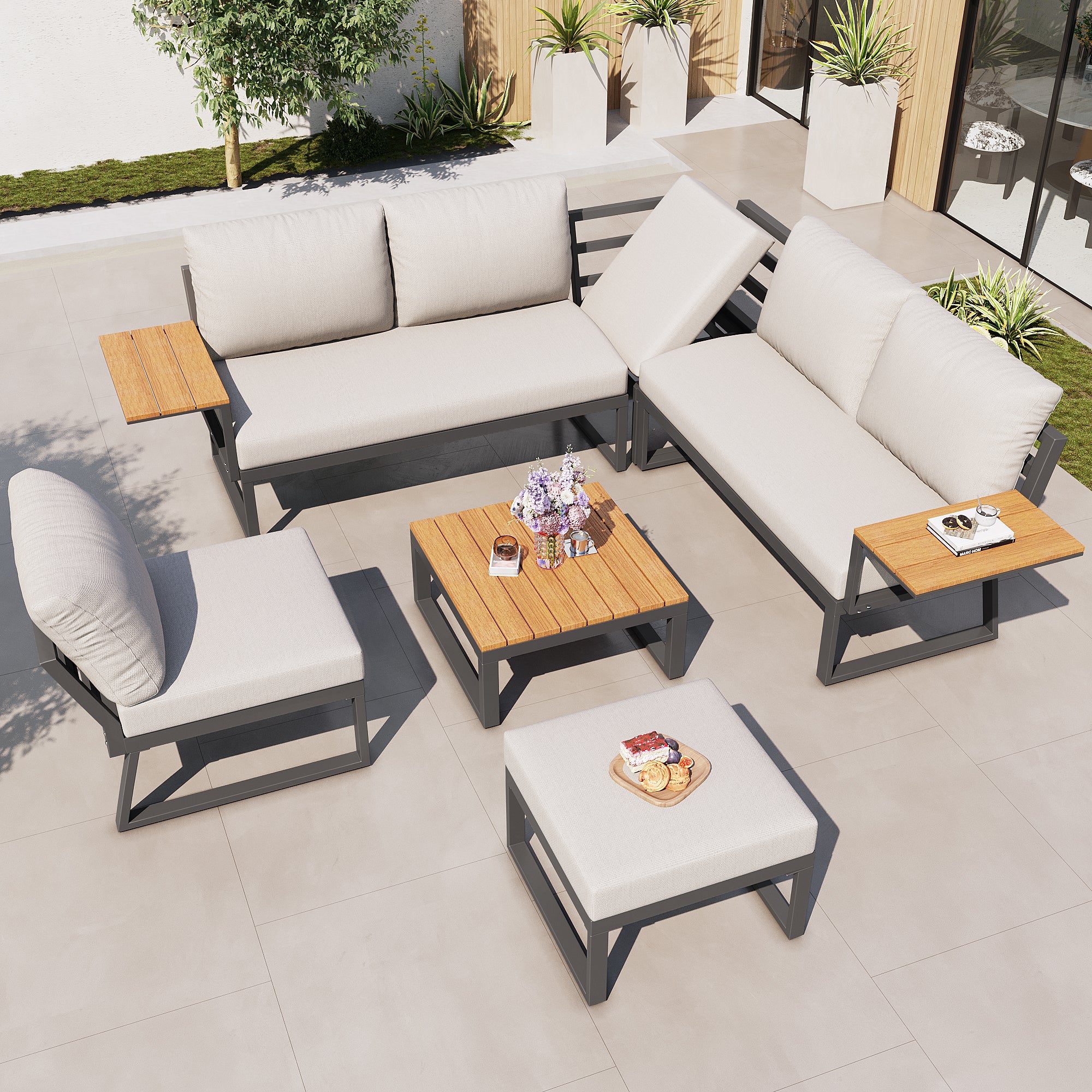 L-shaped Garden Sofa Set 7-Seater Lounger with Table Armchair Stool - Grey/Beige